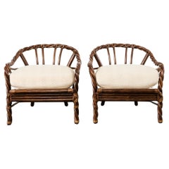Vintage Pair of McGuire Organic Modern Twisted Rattan Lounge Chairs 