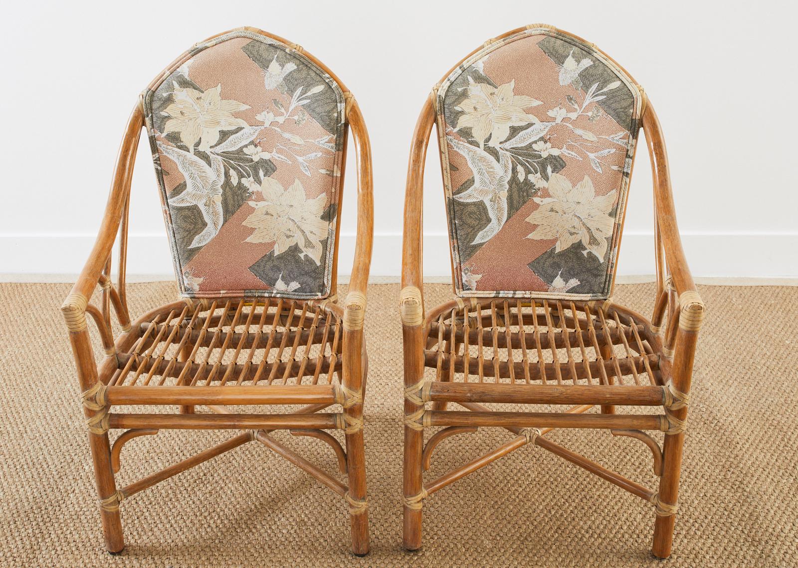 Pair of McGuire Organic Modern Upholstered Rattan Dining Armchairs In Good Condition In Rio Vista, CA