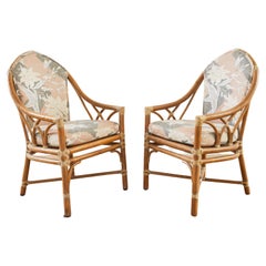 Pair of McGuire Organic Modern Upholstered Rattan Dining Armchairs