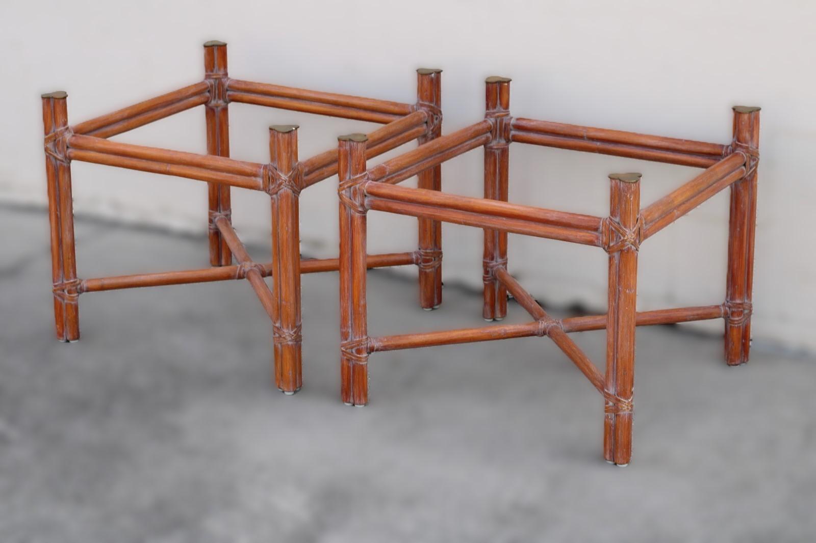 Hand-Crafted Pair of McGuire Organic Modern X-Base Rattan Bamboo End Tables For Sale