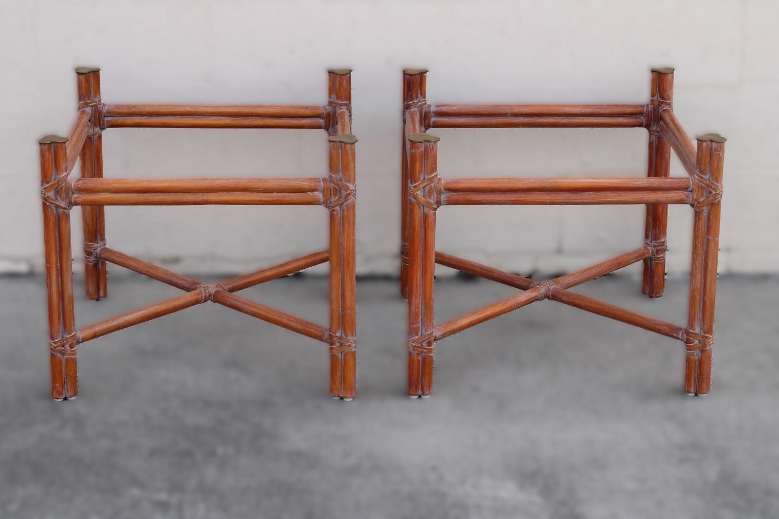 20th Century Pair of McGuire Organic Modern X-Base Rattan Bamboo End Tables For Sale
