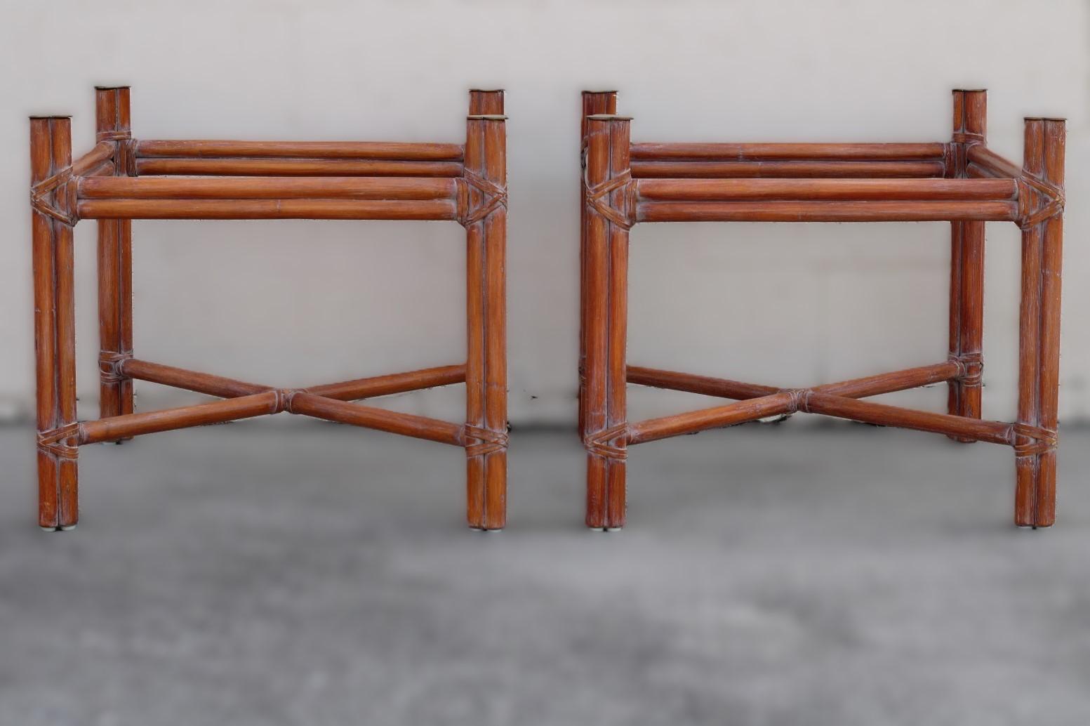 Pair of McGuire Organic Modern X-Base Rattan Bamboo End Tables For Sale 1