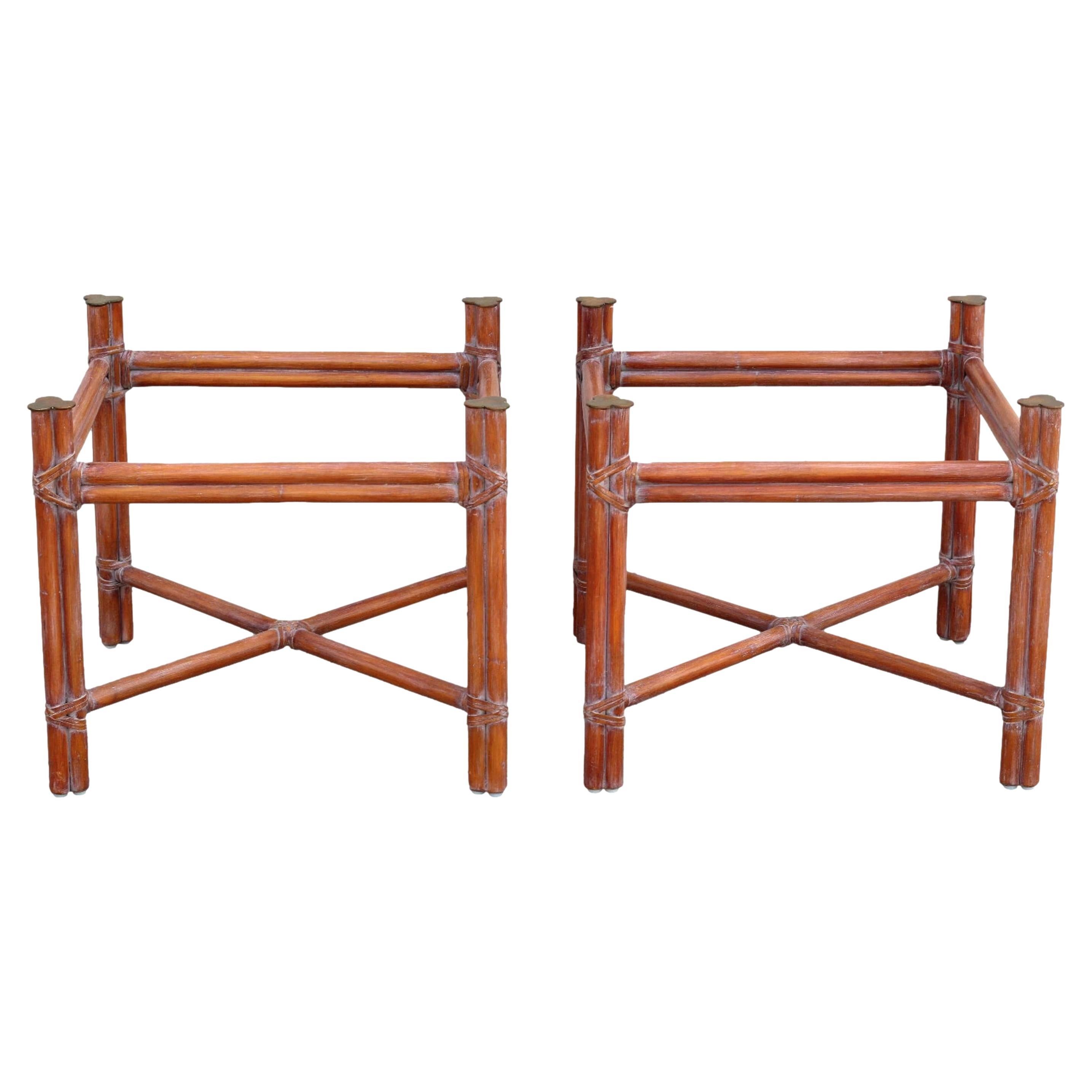 Pair of McGuire Organic Modern X-Base Rattan Bamboo End Tables For Sale