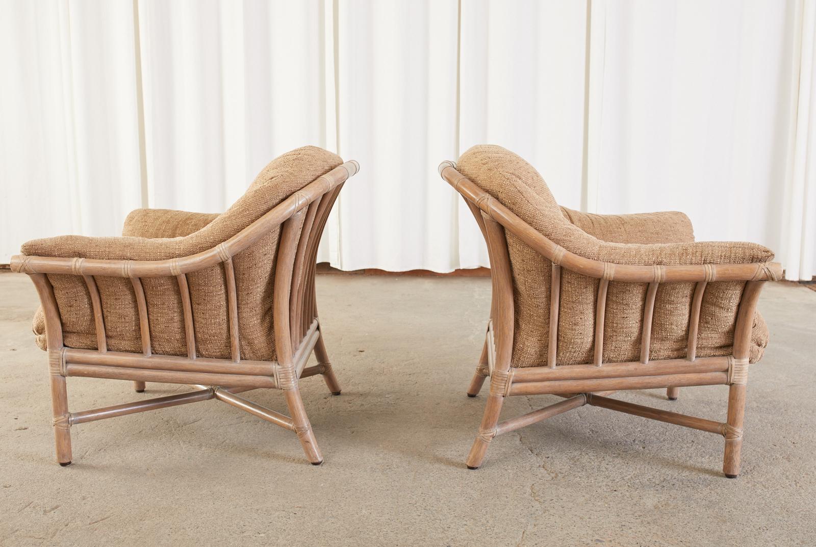Hand-Crafted Pair of McGuire Oversized Cerused Rattan Lounge Chairs & Ottoman
