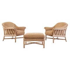 Pair of McGuire Oversized Cerused Rattan Lounge Chairs & Ottoman