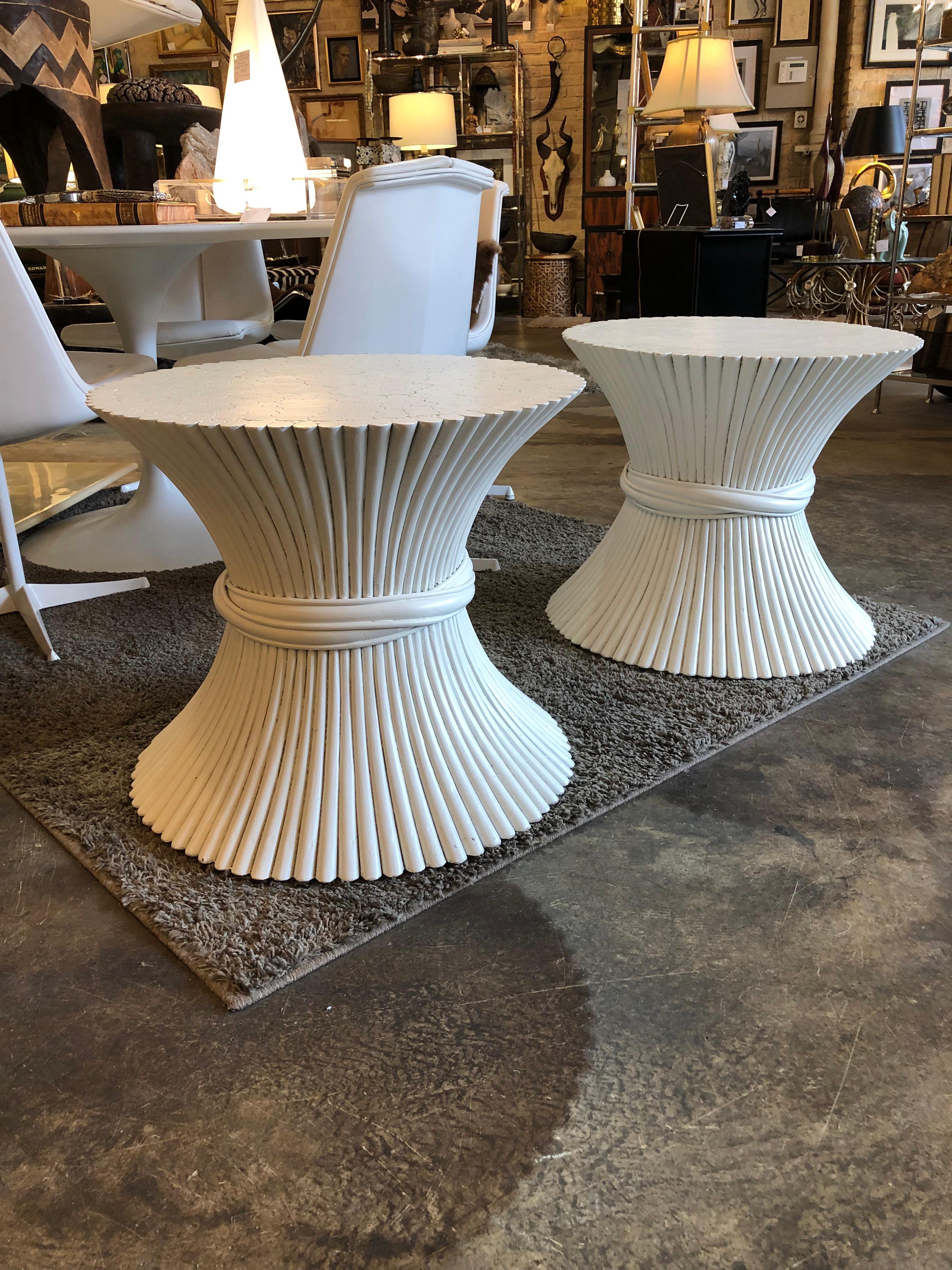 Mid-Century Modern Pair of McGuire painted white sheaf of wheat tables 