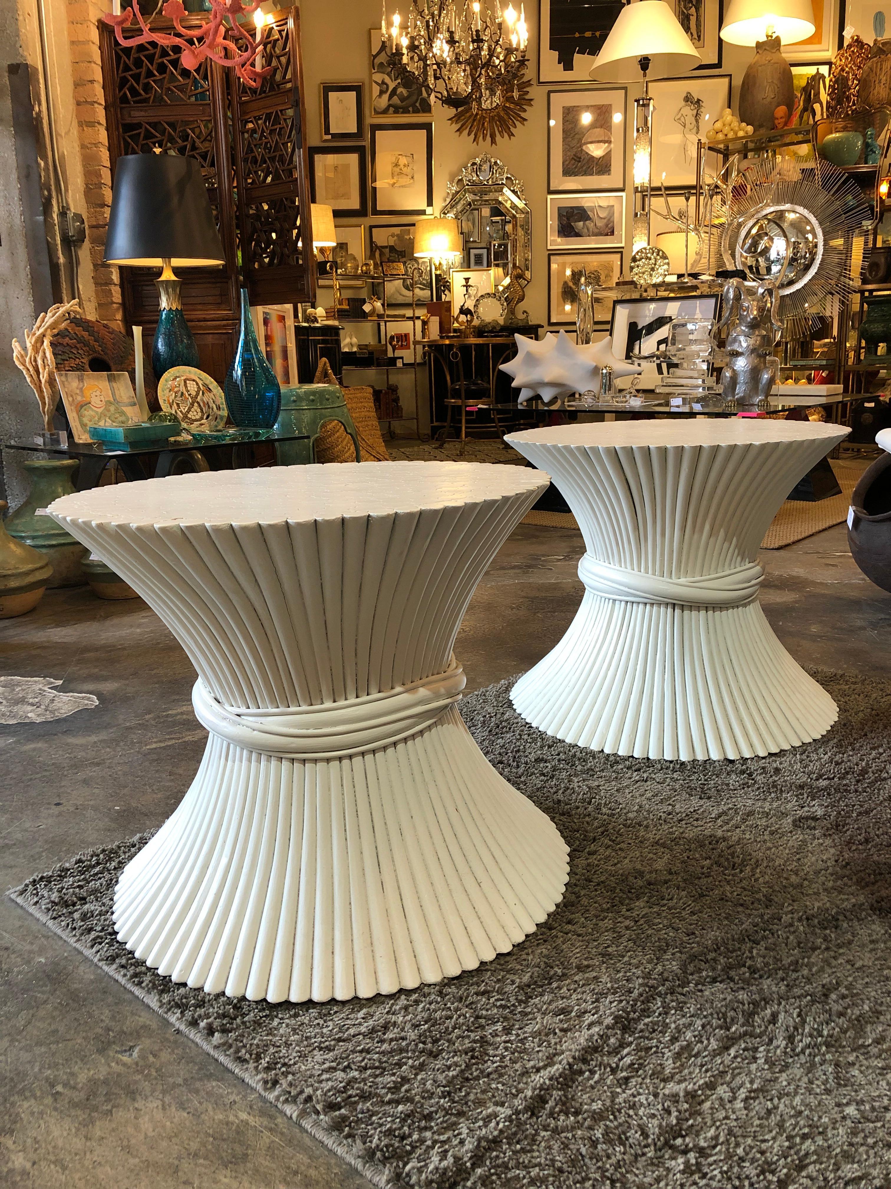 Late 20th Century Pair of McGuire painted white sheaf of wheat tables 