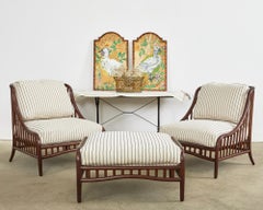 Pair of McGuire Pole Rattan Lounge Chairs with Ottoman
