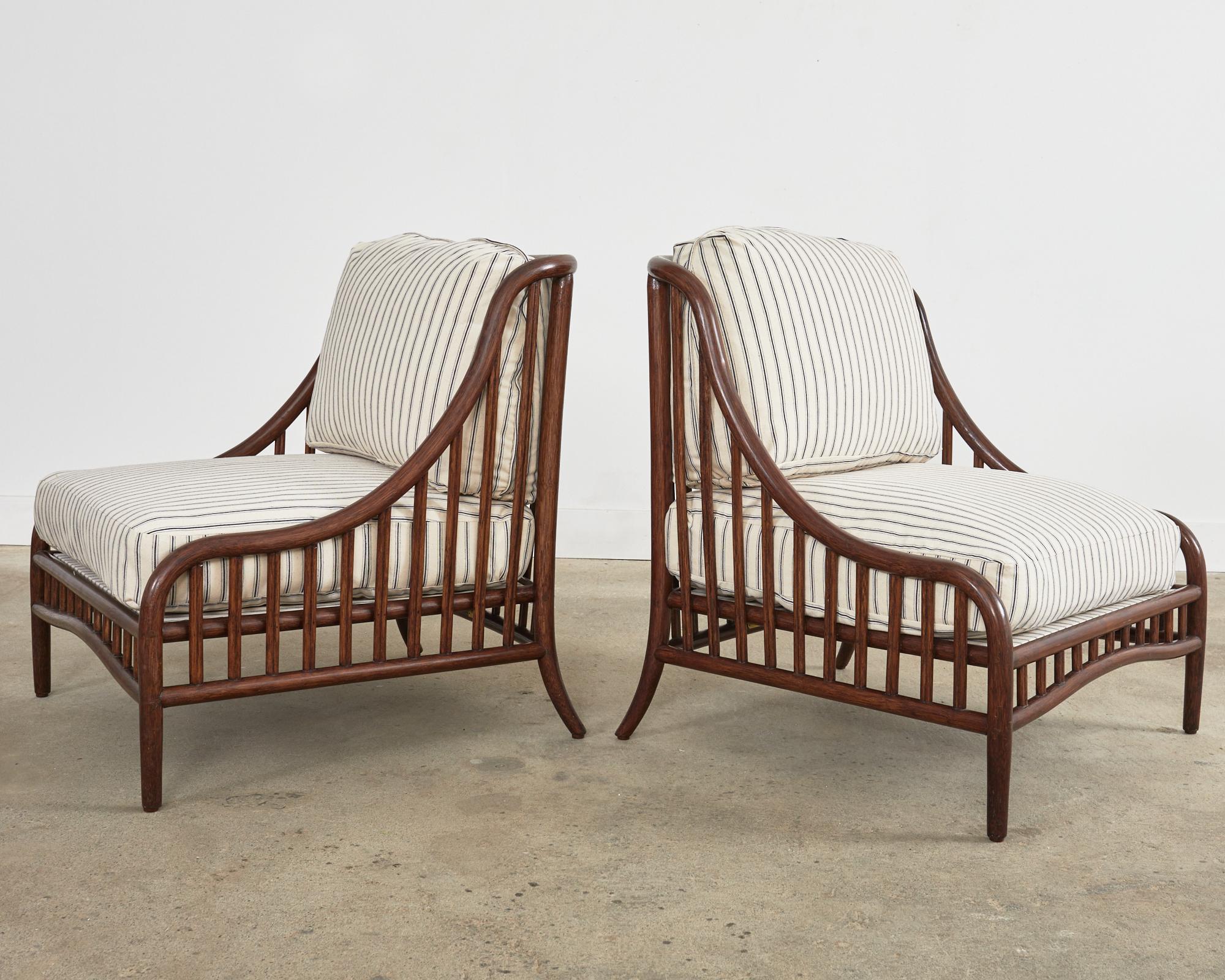 Organic Modern Pair of McGuire Pole Rattan Lounge Chairs with Ottoman