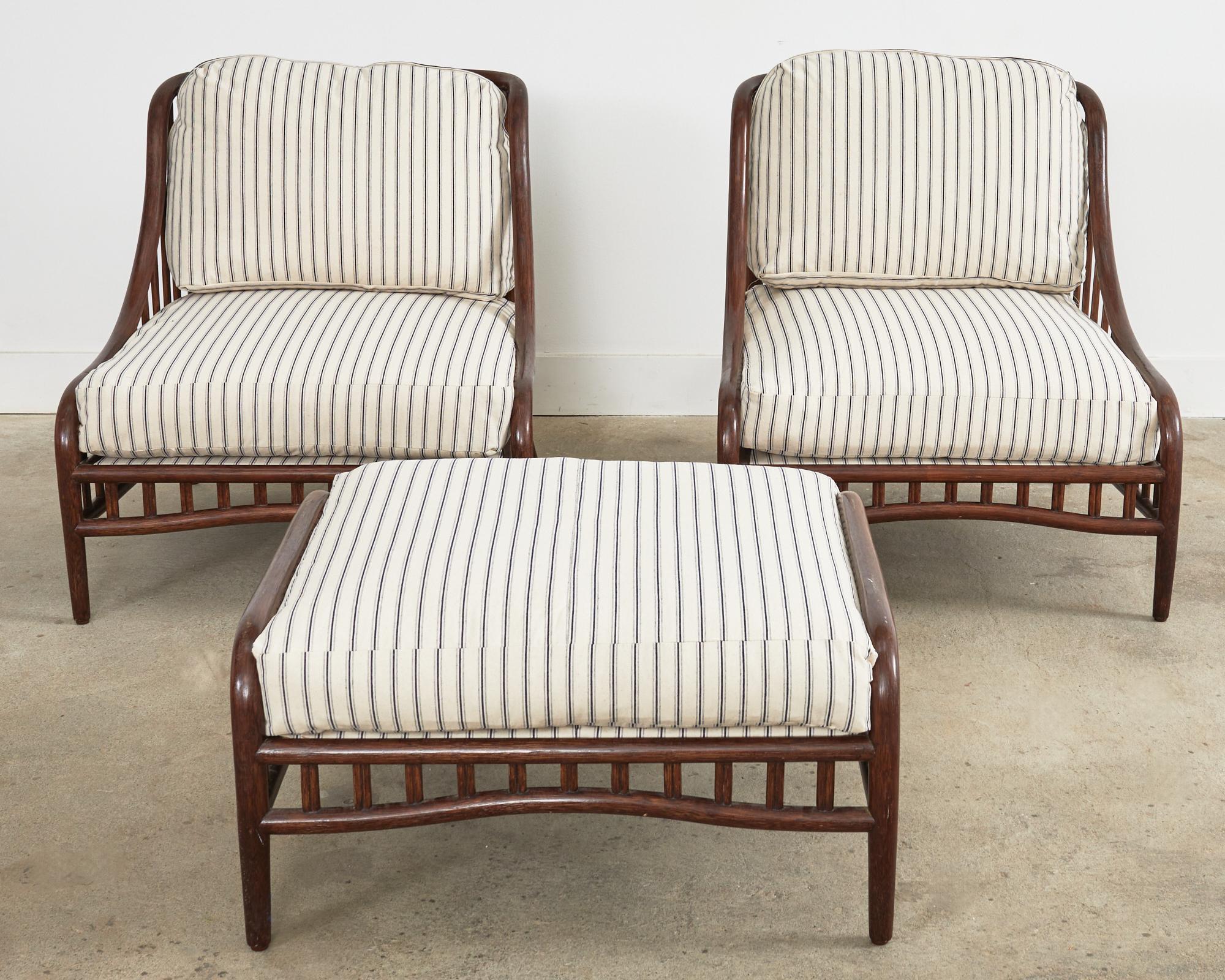 Contemporary Pair of McGuire Pole Rattan Lounge Chairs with Ottoman