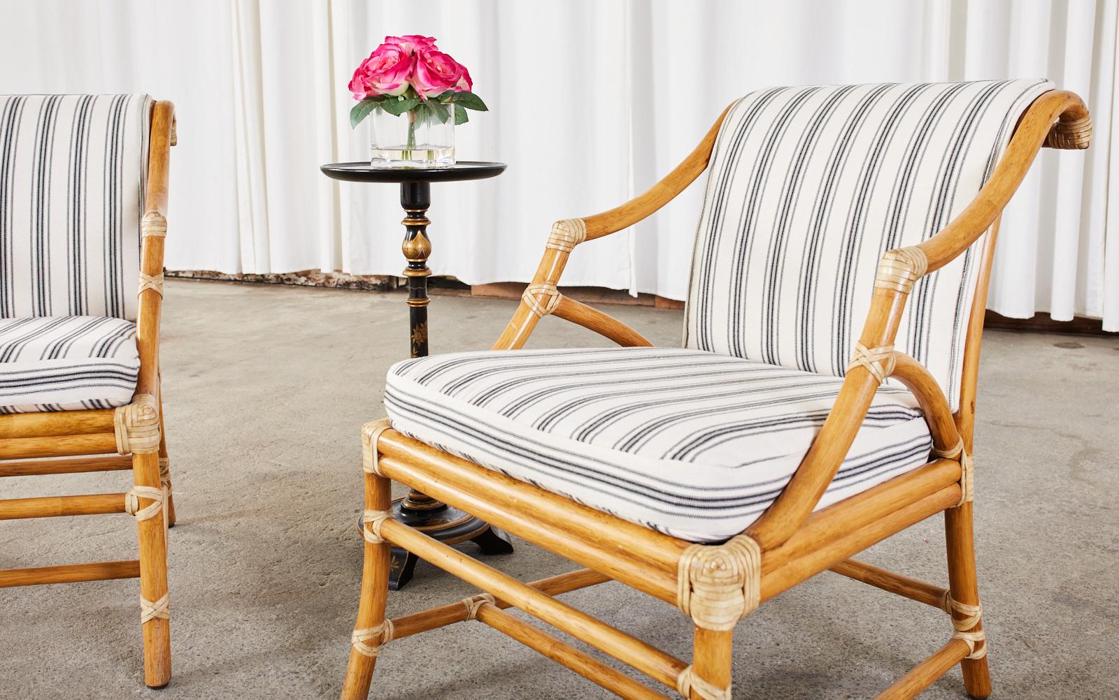 Pair of McGuire Rattan and Cane Upholstered Lounge Chairs 3