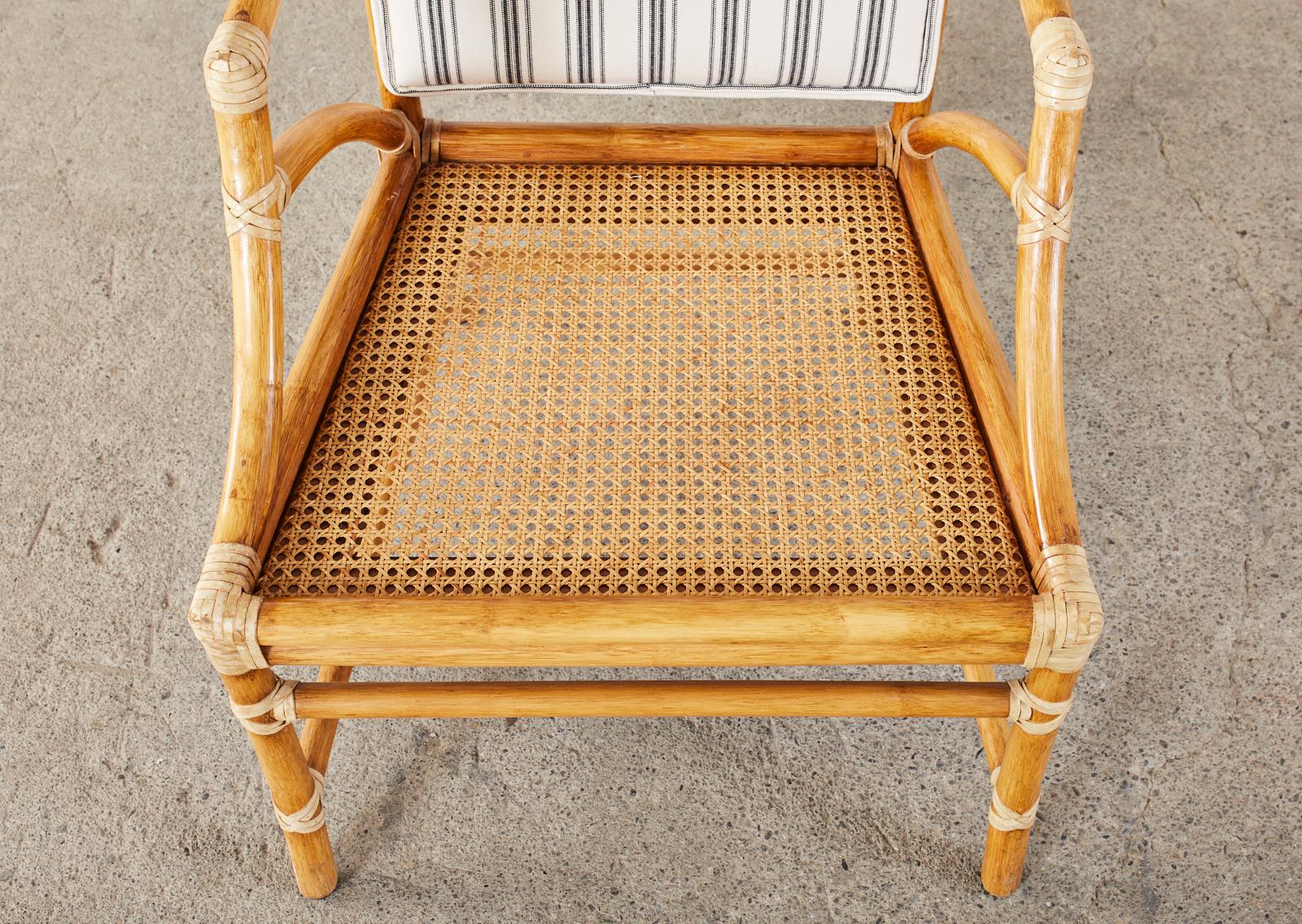 Pair of McGuire Rattan and Cane Upholstered Lounge Chairs 4