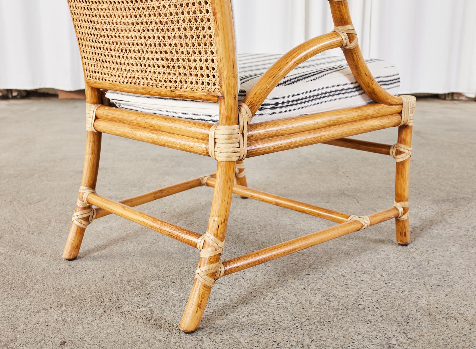 Pair of McGuire Rattan and Cane Upholstered Lounge Chairs 8