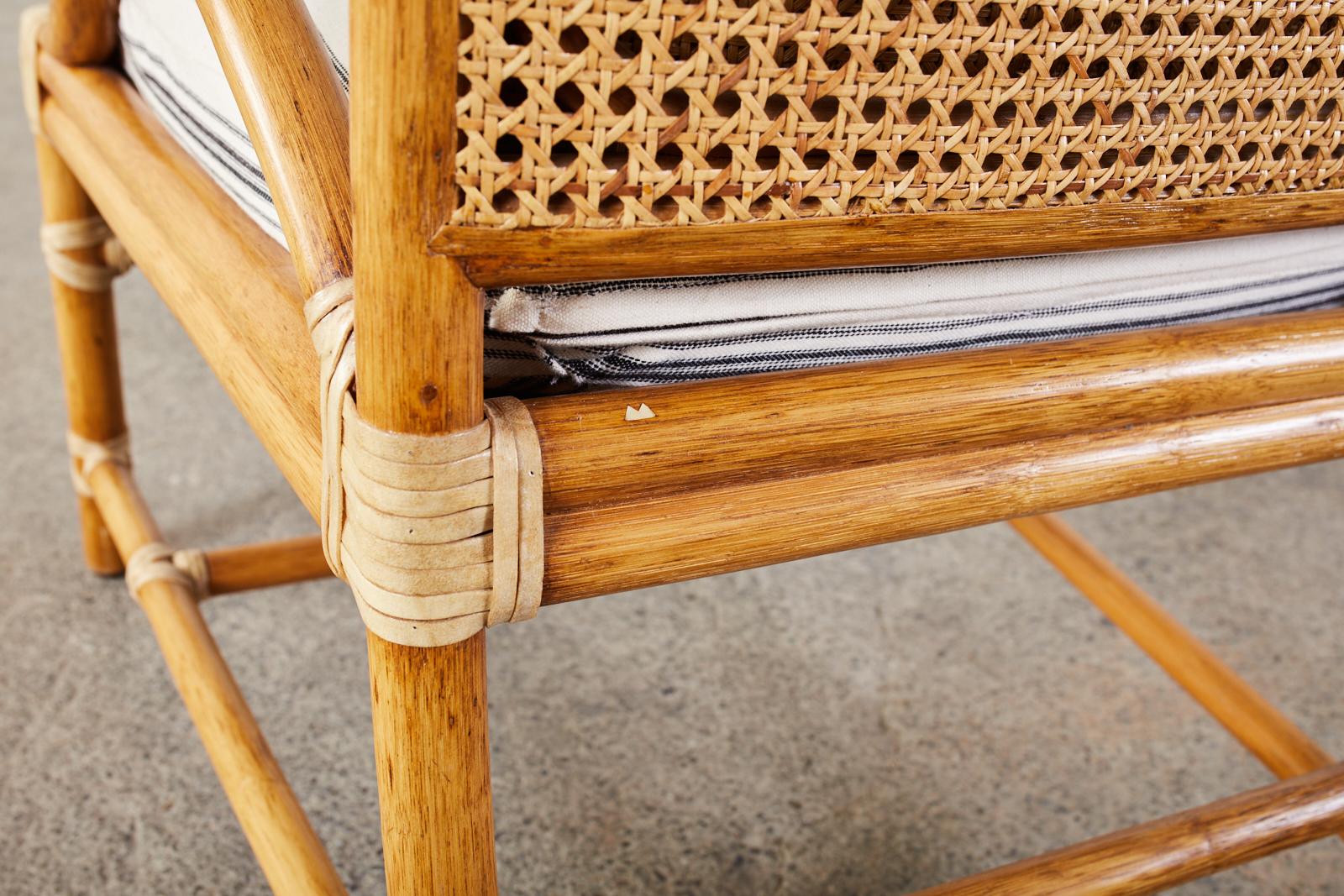 Pair of McGuire Rattan and Cane Upholstered Lounge Chairs 9