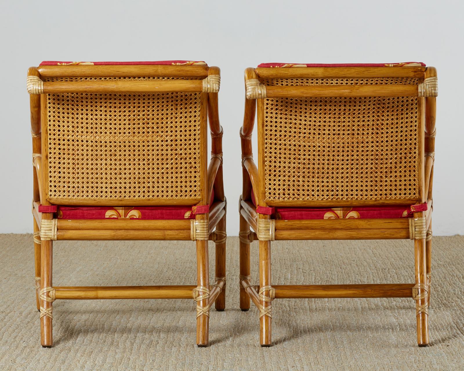 Pair of McGuire Rattan and Cane Upholstered Lounge Chairs 12