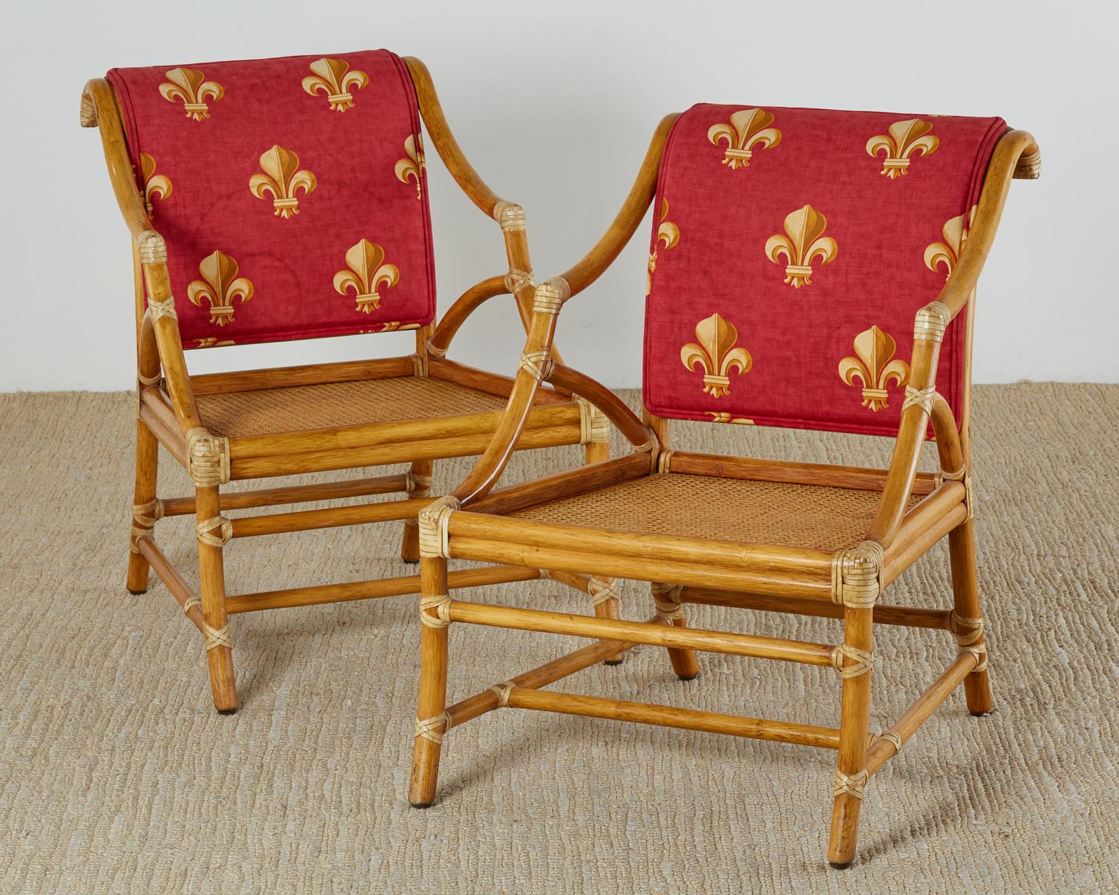 Organic Modern Pair of McGuire Rattan and Cane Upholstered Lounge Chairs