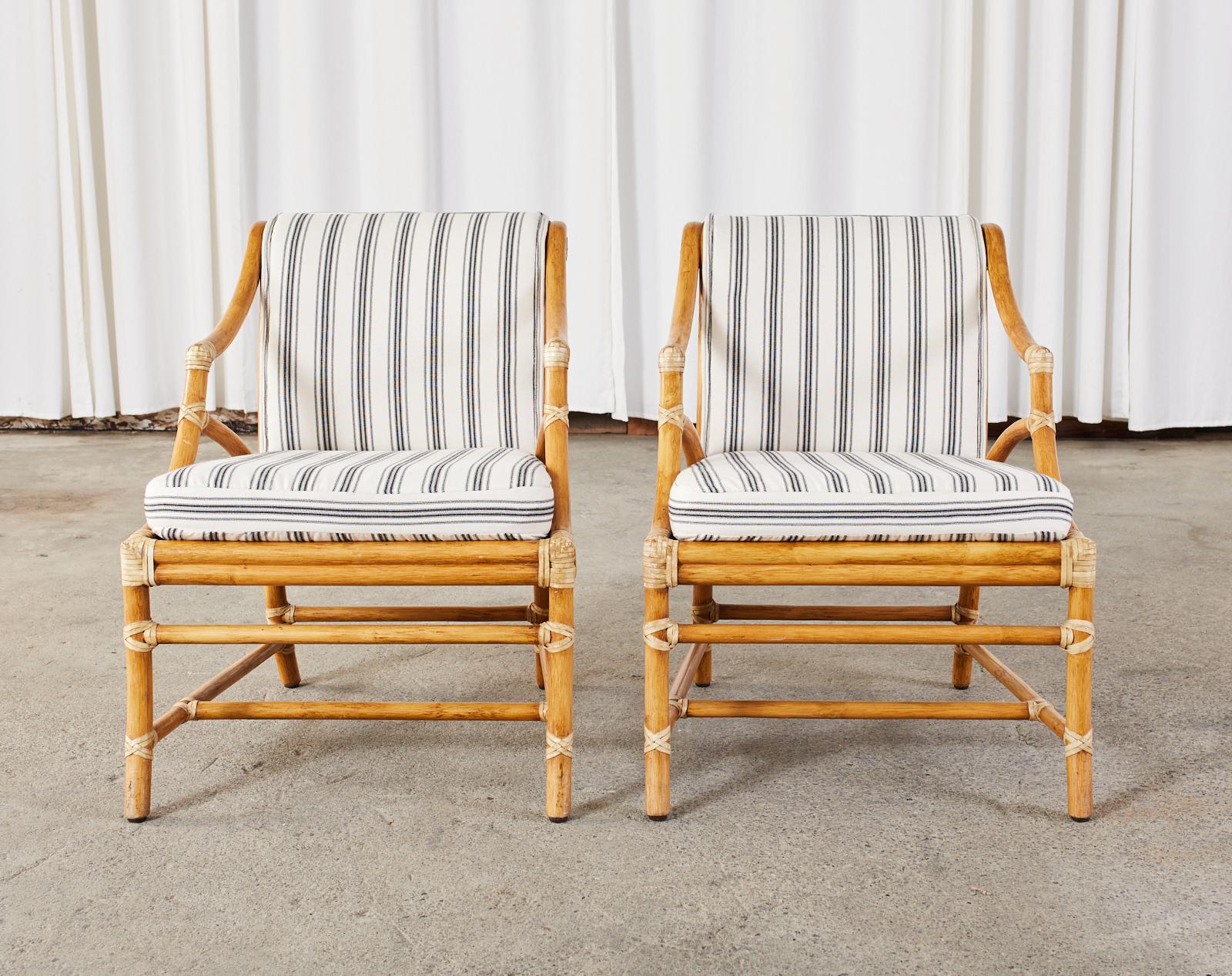 Organic Modern Pair of McGuire Rattan and Cane Upholstered Lounge Chairs