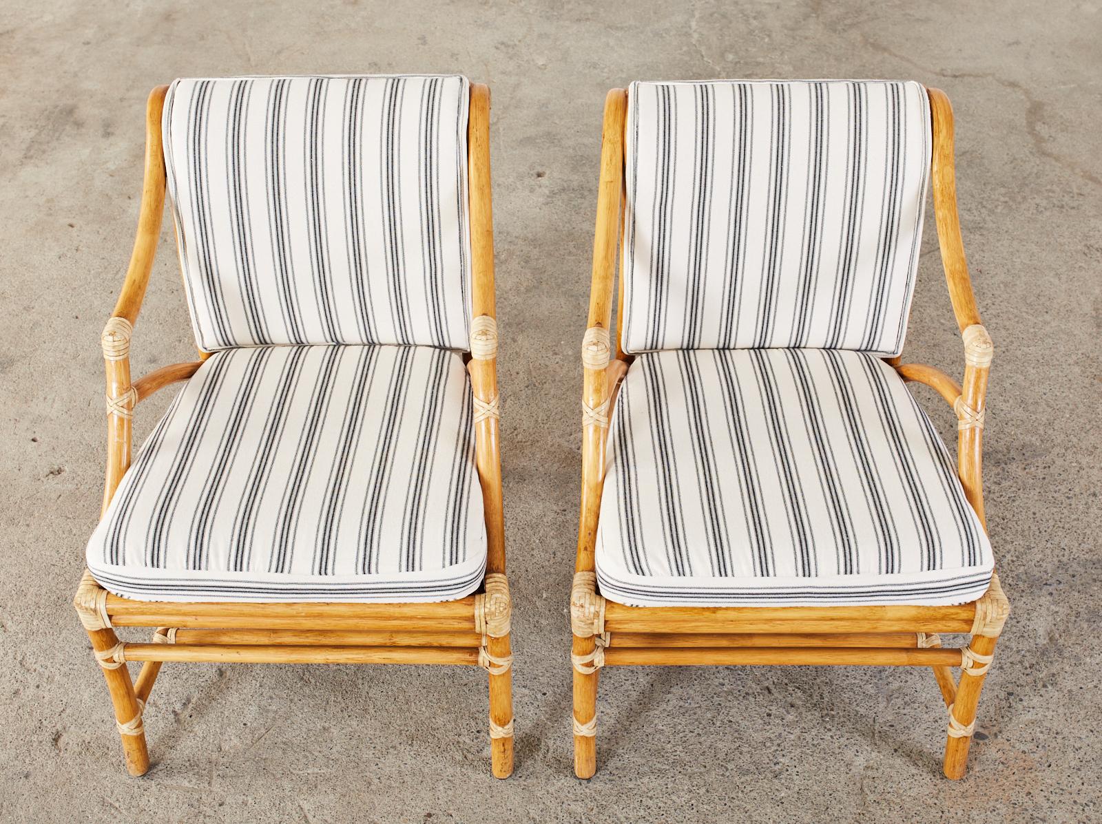 American Pair of McGuire Rattan and Cane Upholstered Lounge Chairs