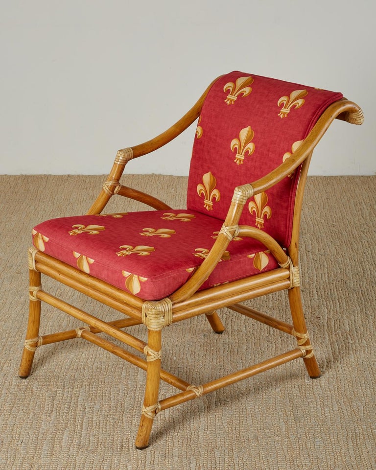 Pair of McGuire Rattan and Cane Upholstered Lounge Chairs For Sale at 1stDibs