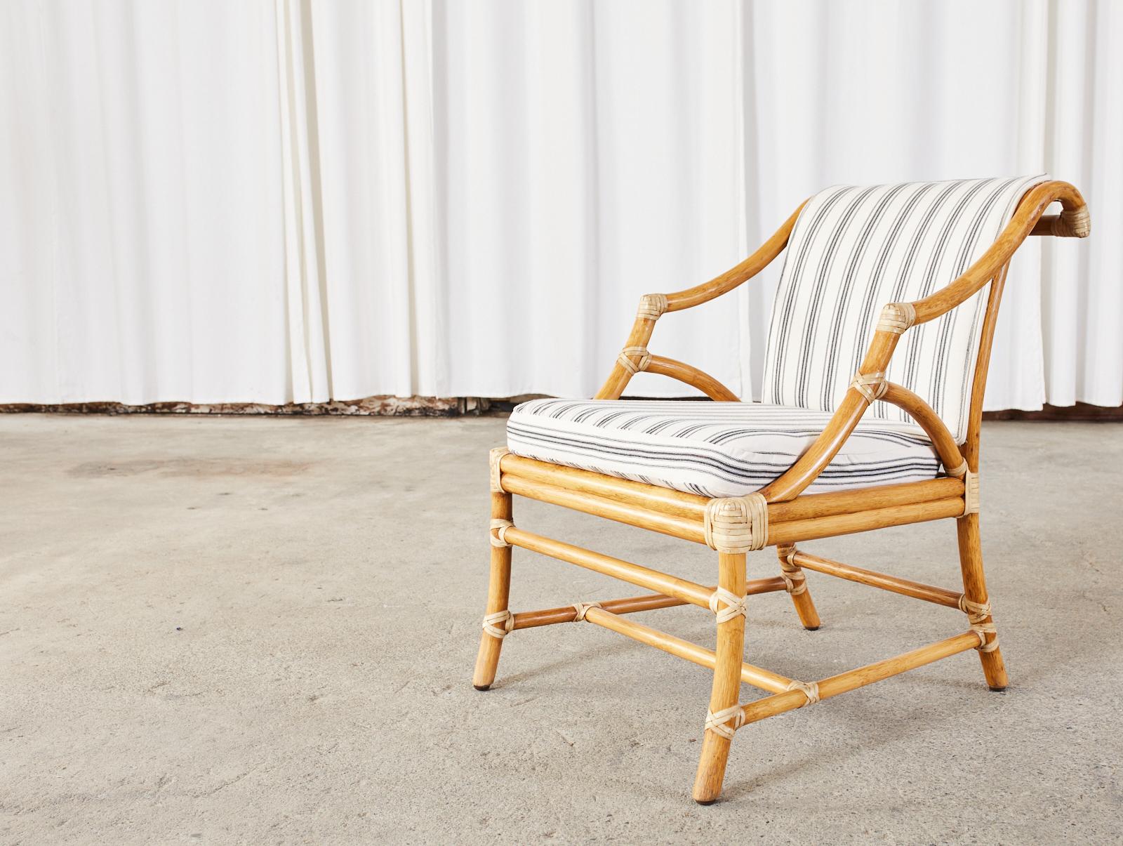 Leather Pair of McGuire Rattan and Cane Upholstered Lounge Chairs