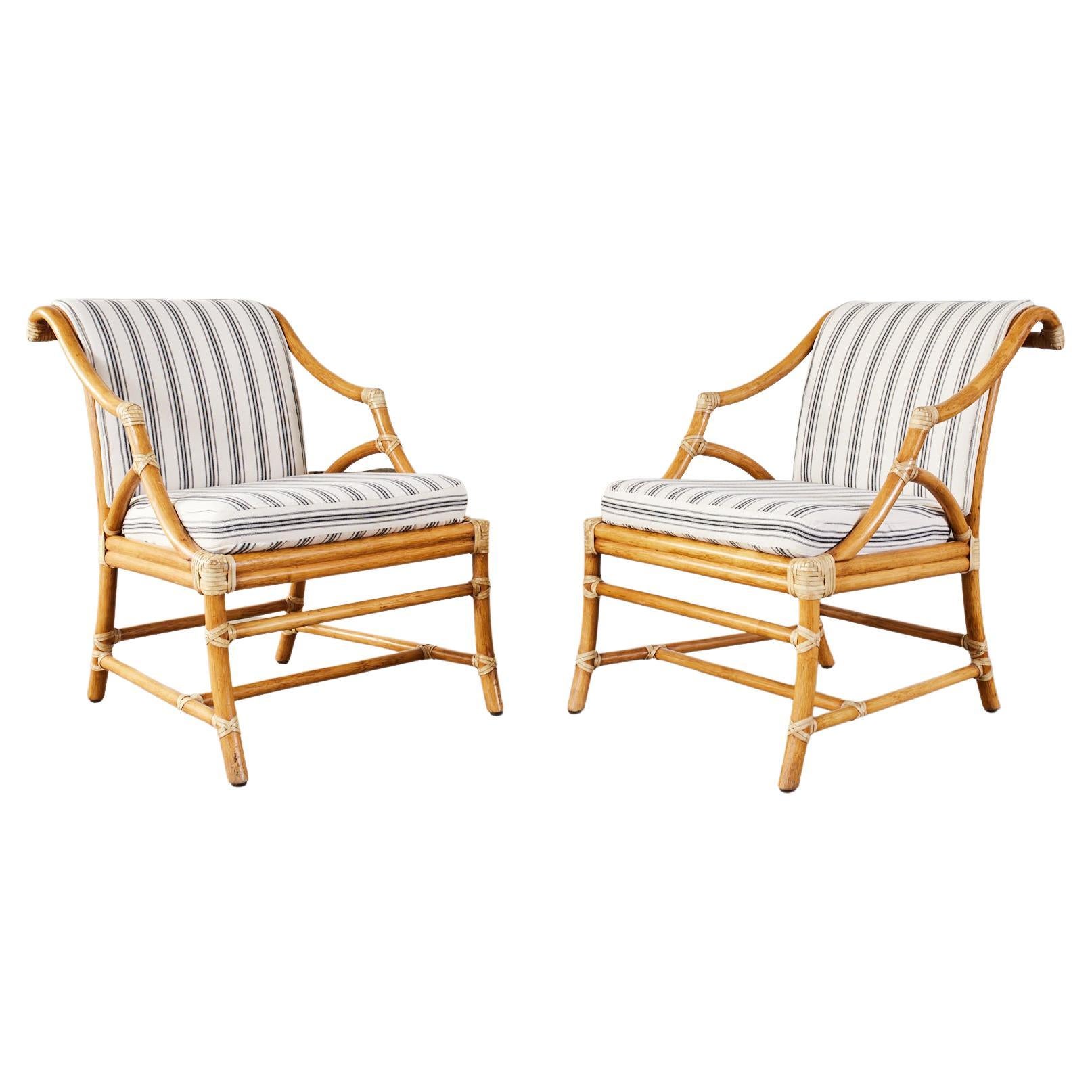 Pair of McGuire Rattan and Cane Upholstered Lounge Chairs