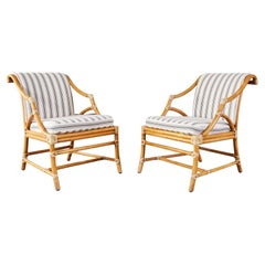 Pair of McGuire Rattan and Cane Upholstered Lounge Chairs