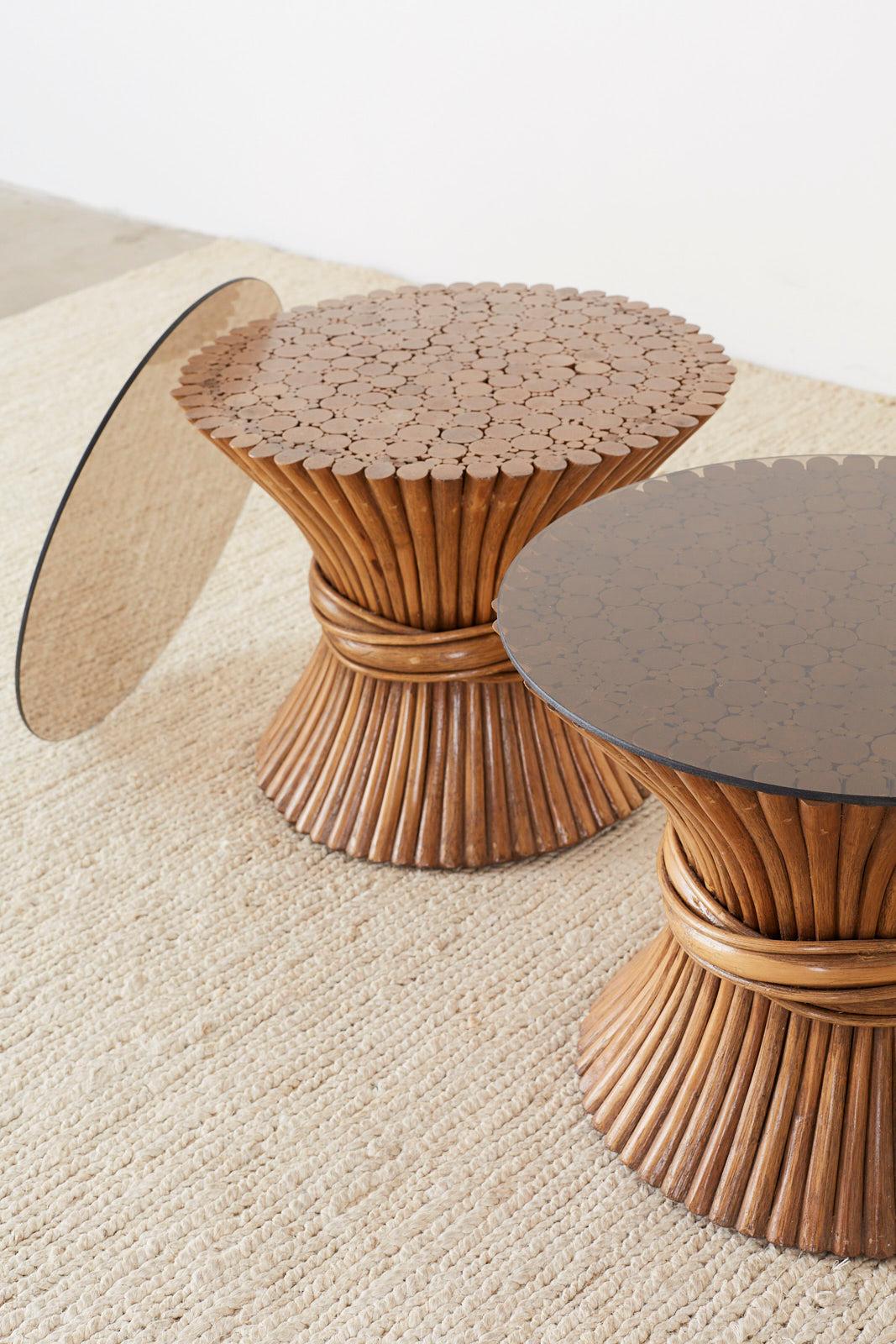 Pair of McGuire Rattan Bamboo Drink Tables at 1stDibs