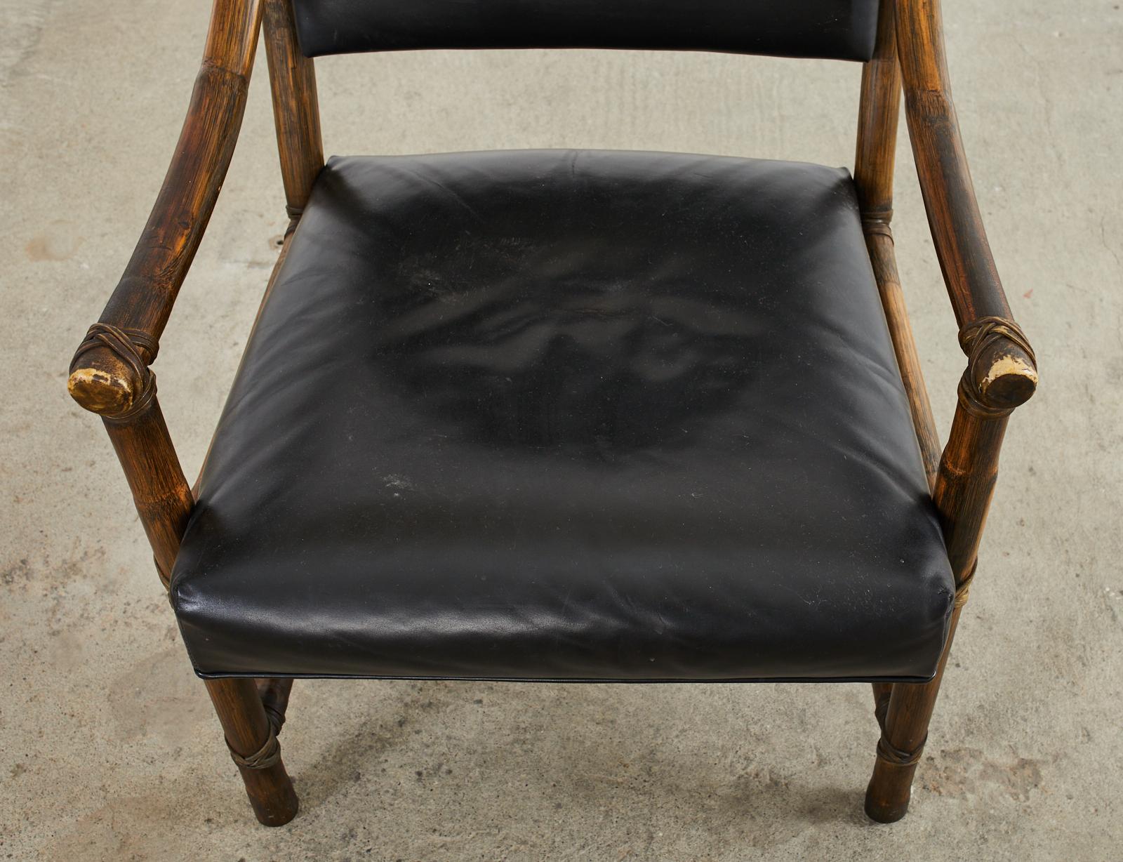 Pair of McGuire Rattan Black Leather Library Armchairs 6