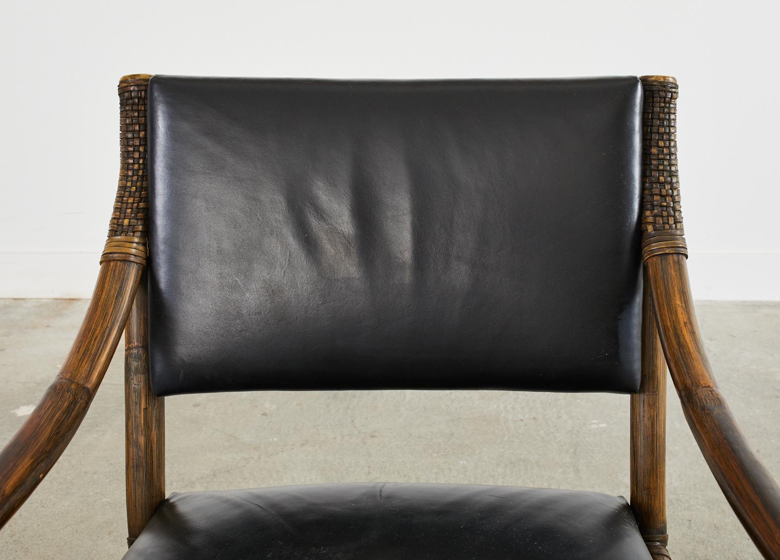 Pair of McGuire Rattan Black Leather Library Armchairs 7