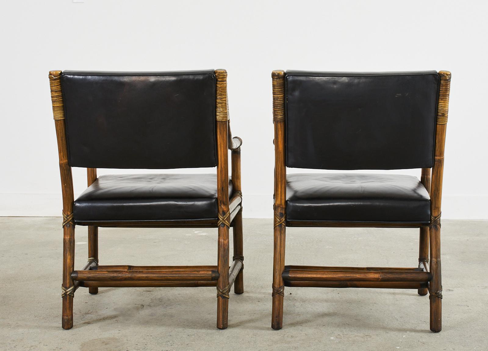 Pair of McGuire Rattan Black Leather Library Armchairs 12