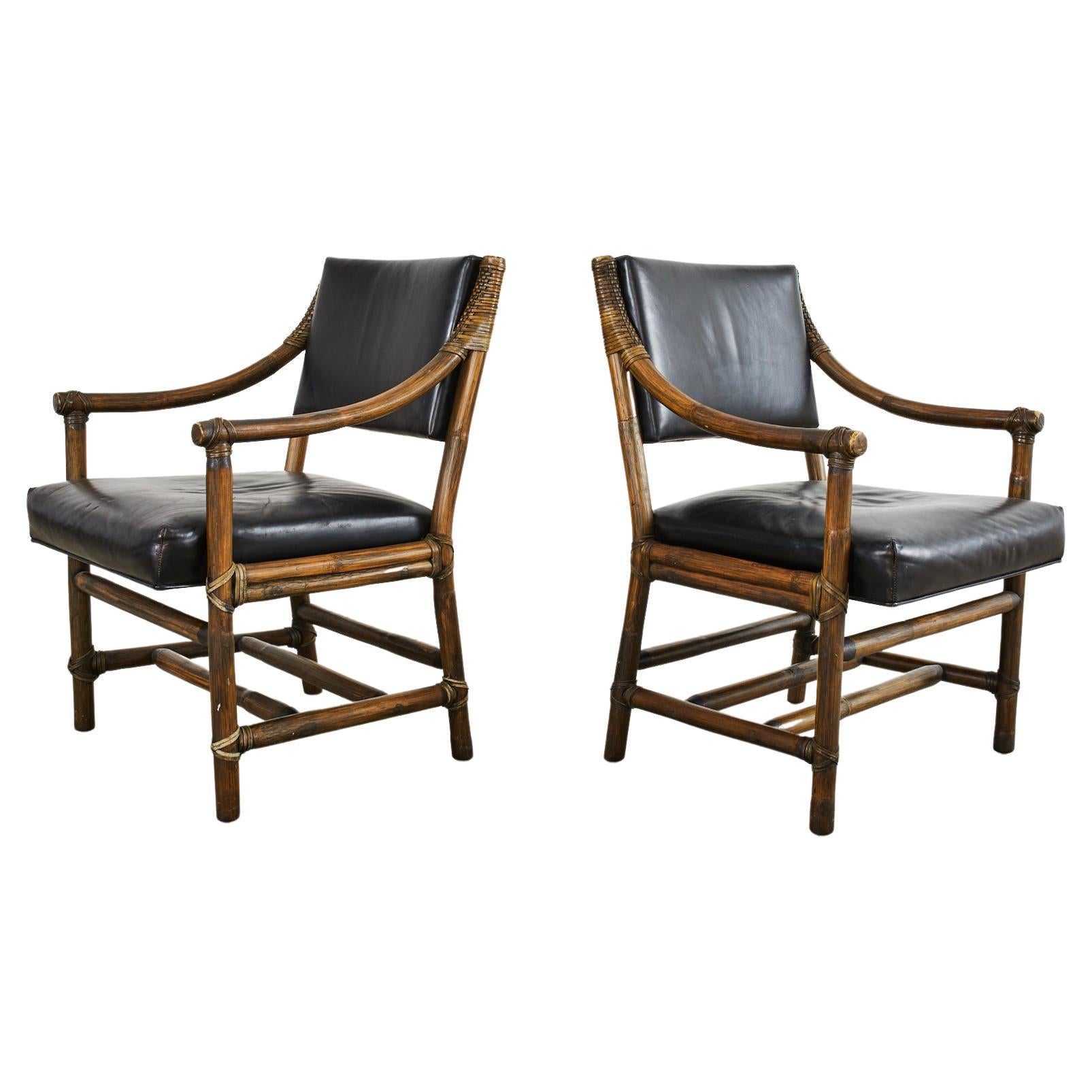 Pair of McGuire Rattan Black Leather Library Armchairs