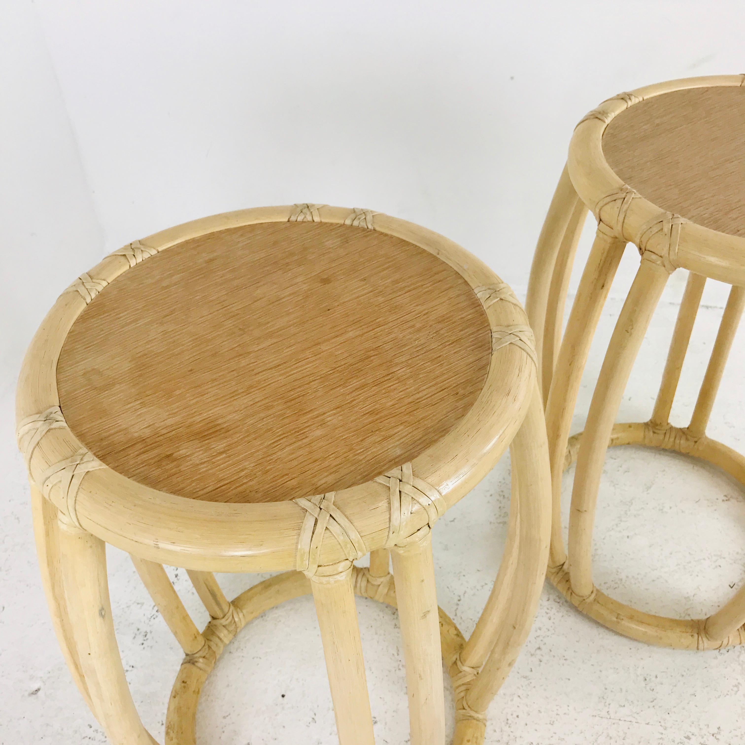 Pair of McGuire Rattan Drum Side Tables In Excellent Condition In Dallas, TX
