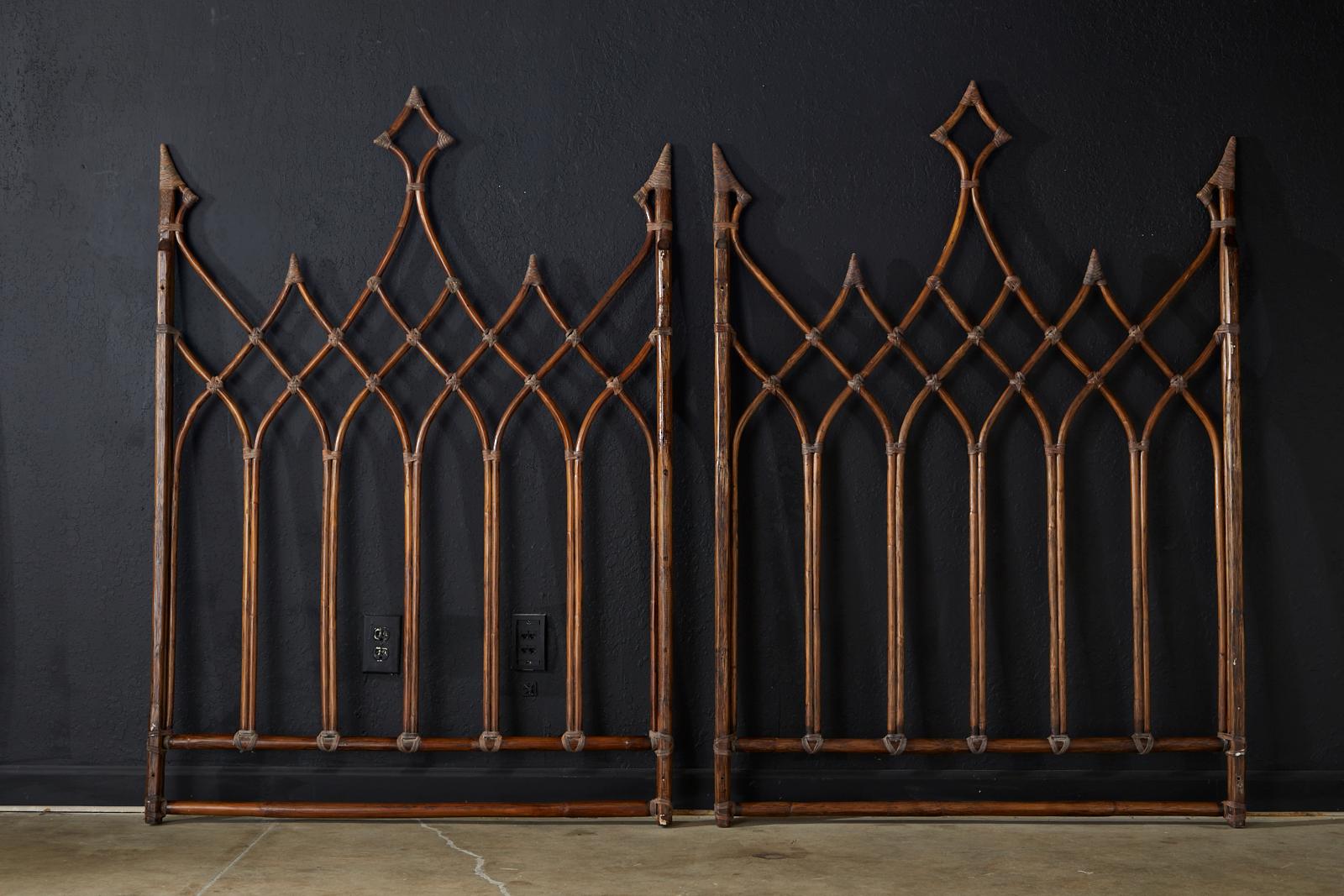 Pair of McGuire Rattan Gothic Revival Twin Headboards 1