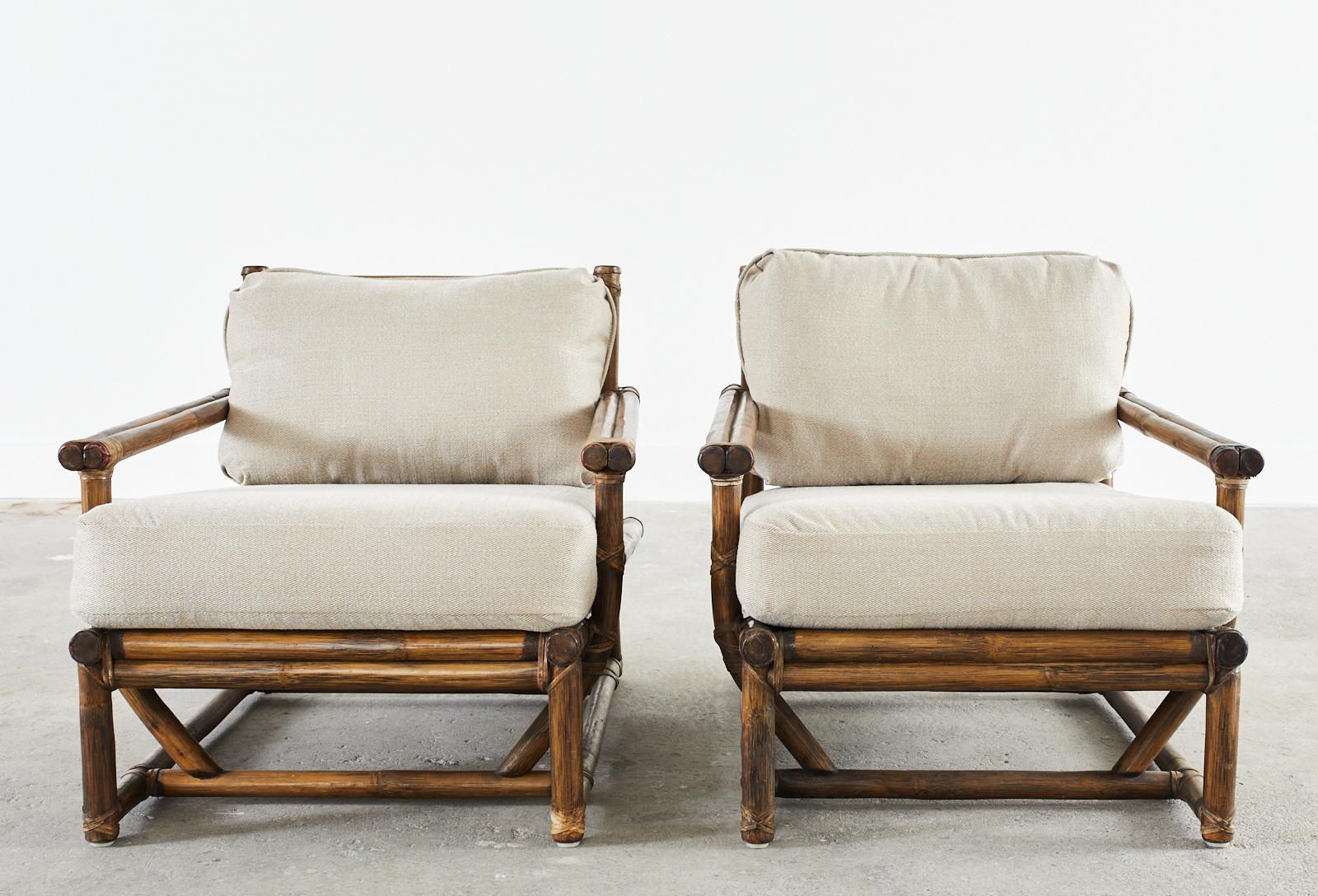 American Pair of McGuire Rattan Low Asian Style Lounge Chairs