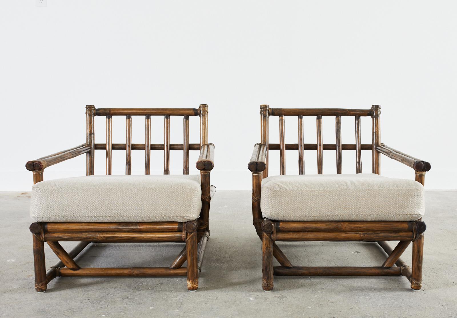 Hand-Crafted Pair of McGuire Rattan Low Asian Style Lounge Chairs
