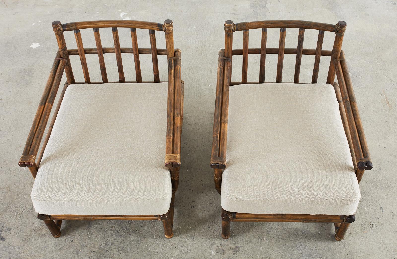 Pair of McGuire Rattan Low Asian Style Lounge Chairs In Good Condition In Rio Vista, CA