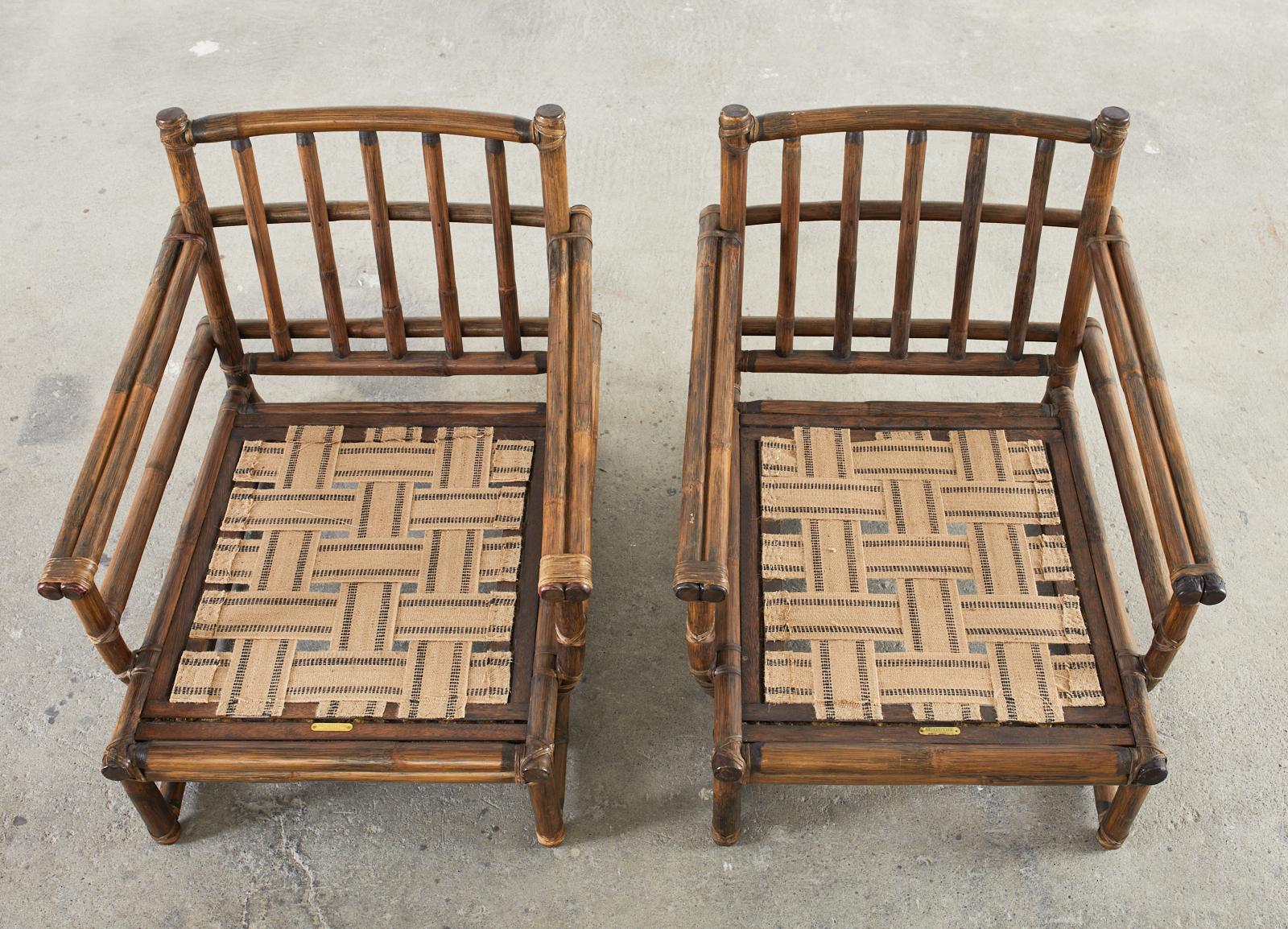 Leather Pair of McGuire Rattan Low Asian Style Lounge Chairs