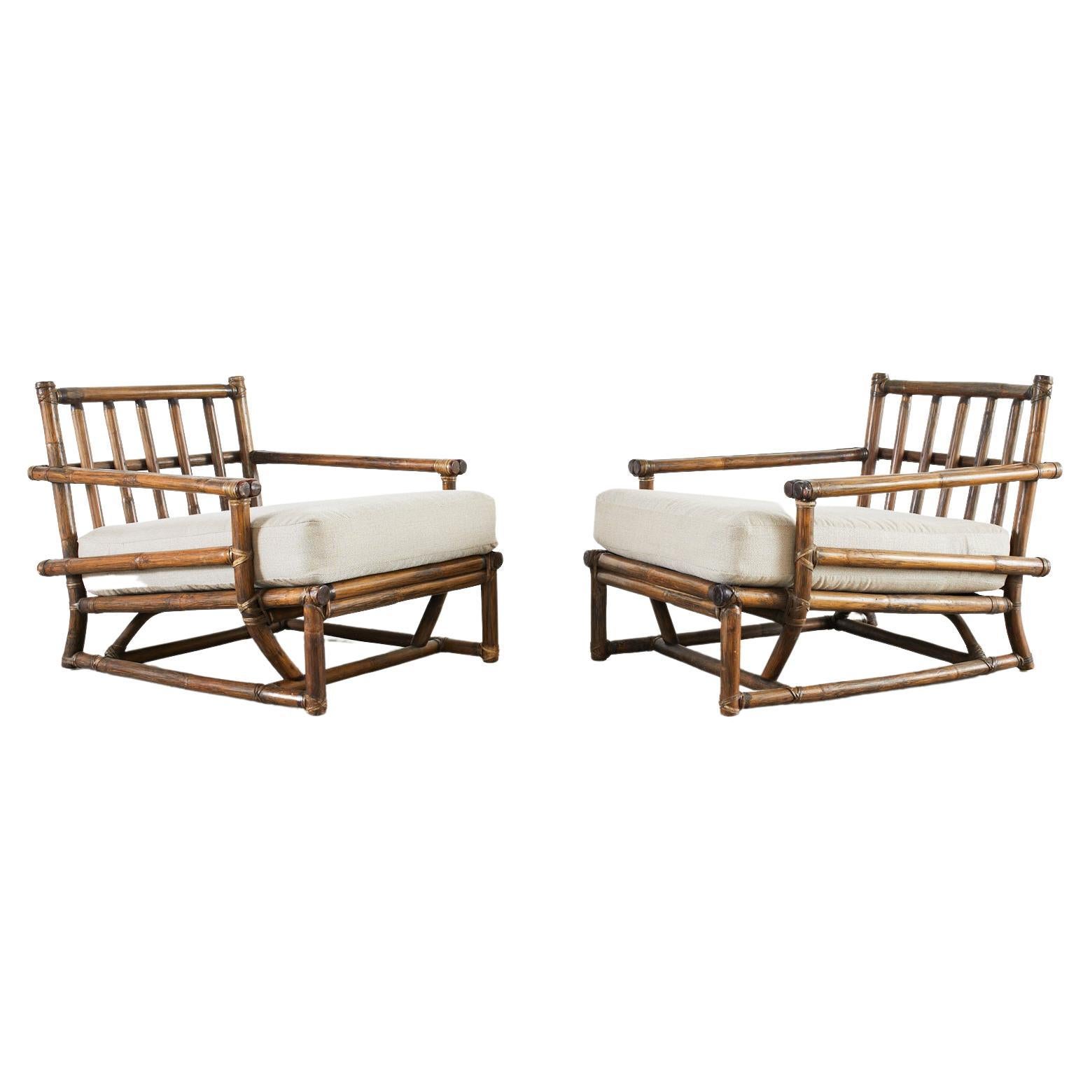 Pair of McGuire Rattan Low Asian Style Lounge Chairs