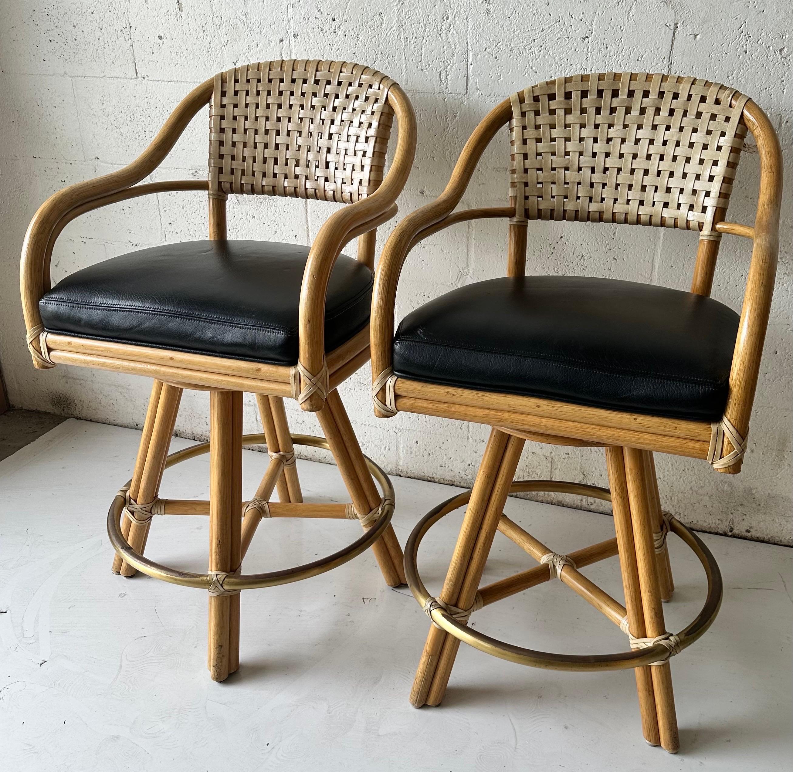 Pair of McGuire Rattan swiveling Bar stools 