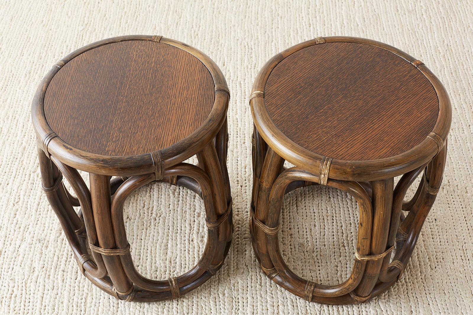Pair of McGuire Rattan Taborette Drink Tables or Stools 6