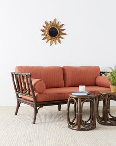 Pair of McGuire Rattan Taborette Drink Tables or Stools