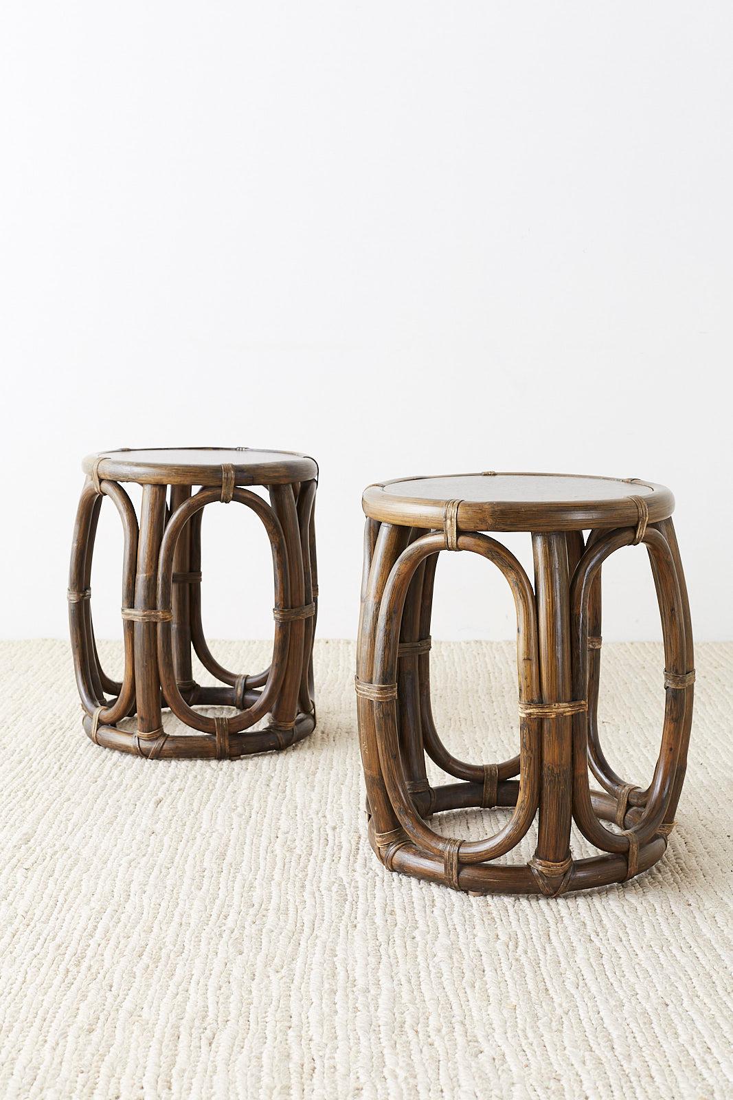 Organic Modern Pair of McGuire Rattan Taborette Drink Tables or Stools
