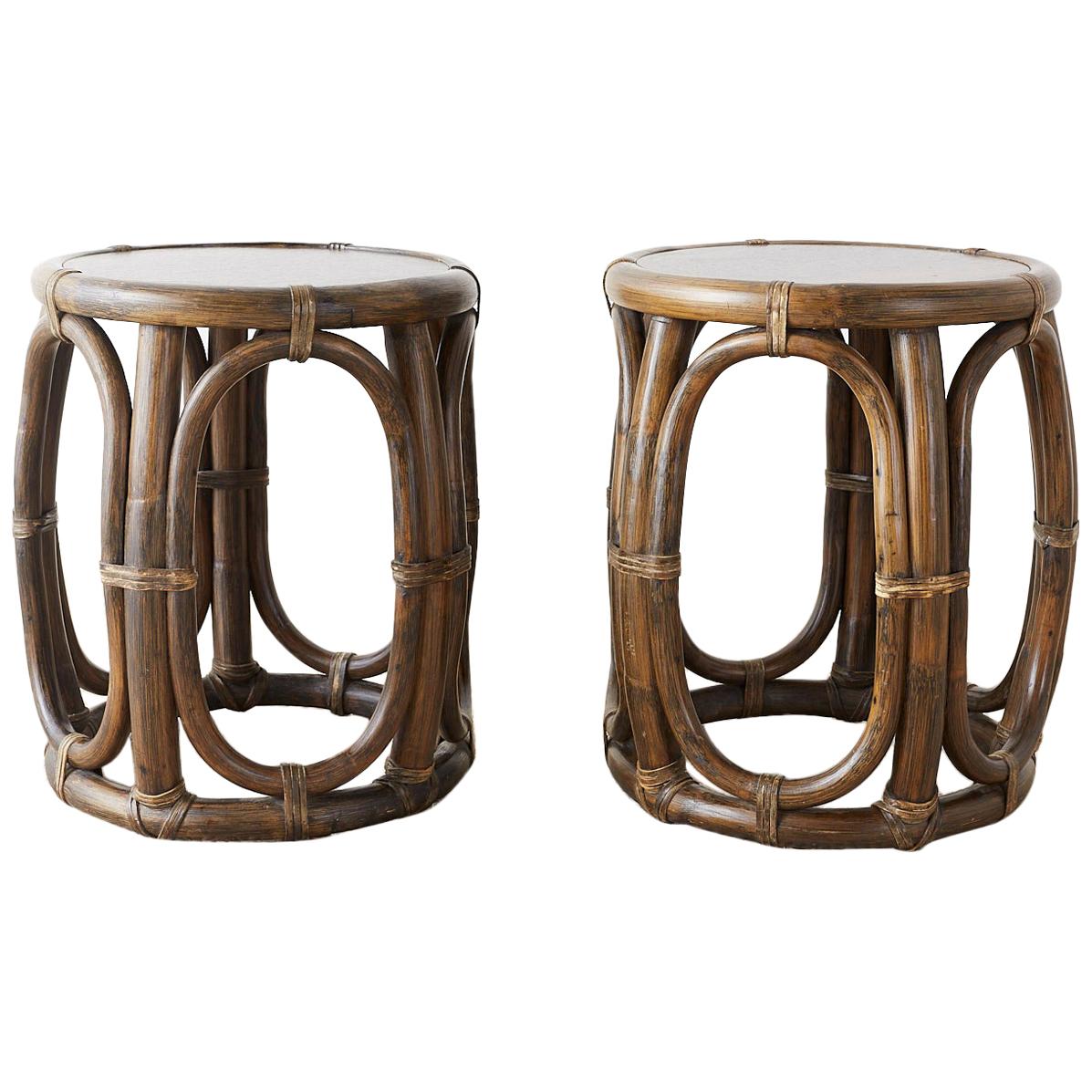 Pair of McGuire Rattan Taborette Drink Tables or Stools