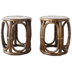 Pair of McGuire Rattan Taborette Drink Tables or Stools