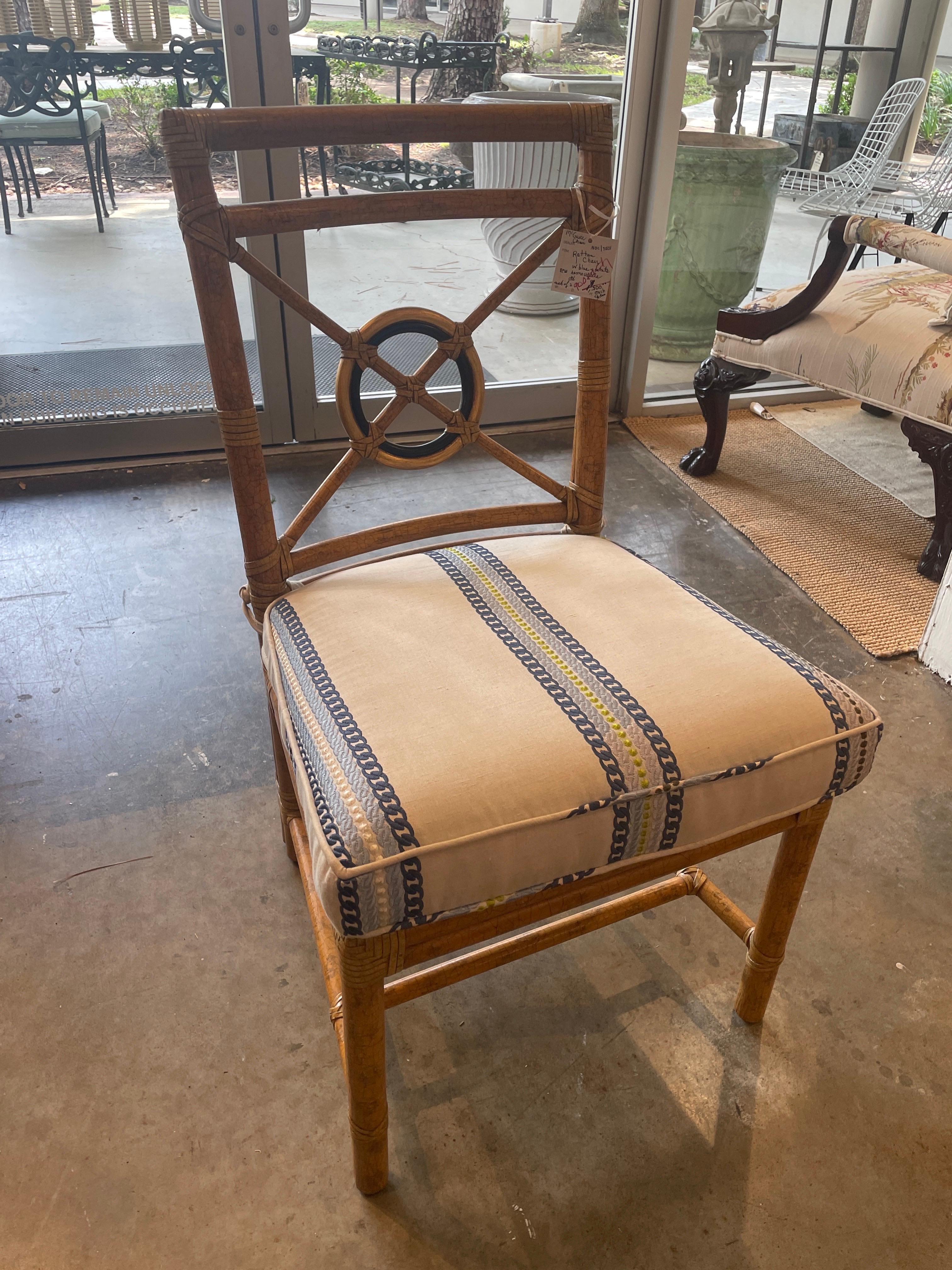 Pair of McGuire Rattan Target Back Dining Chairs 2