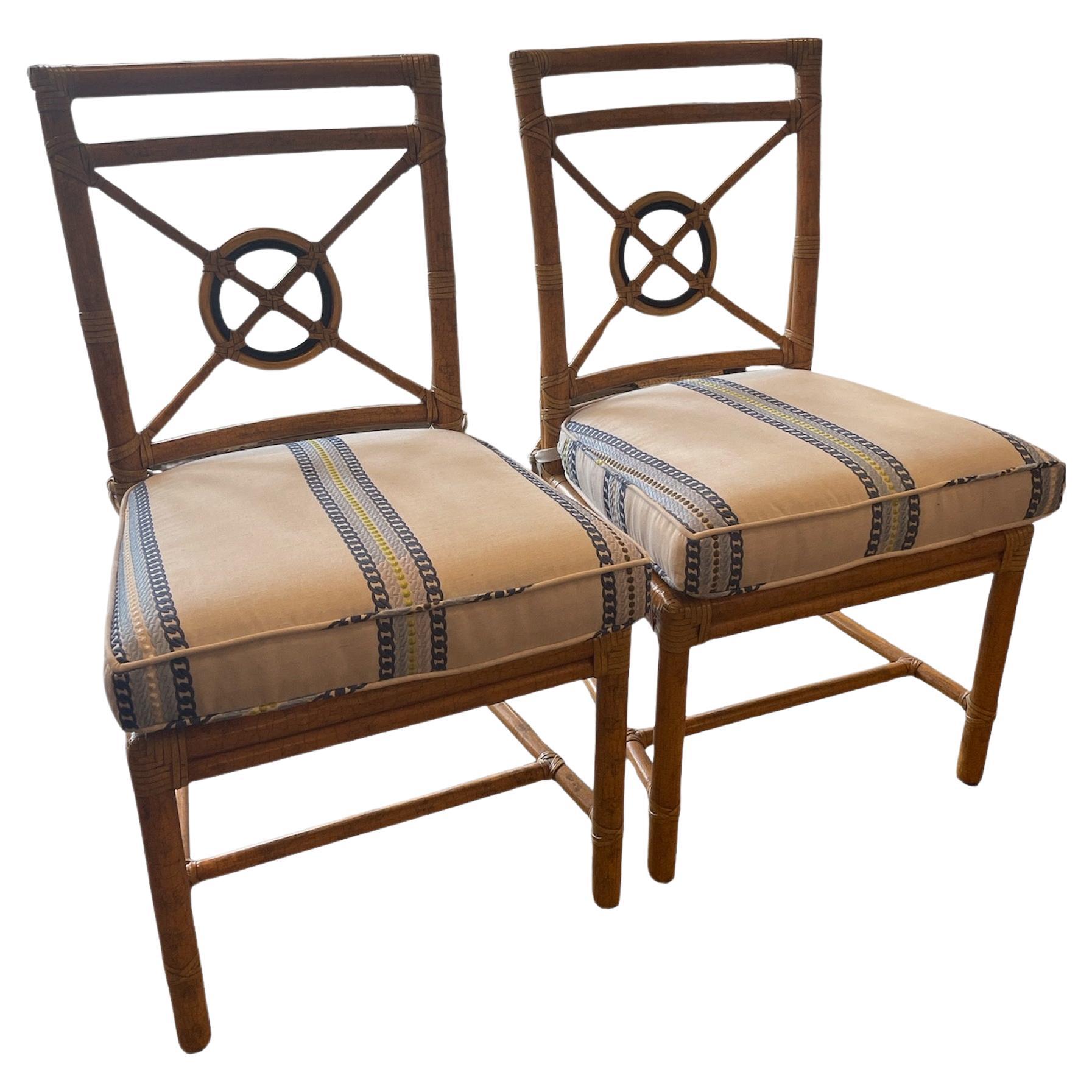 Pair of McGuire Rattan Target Back Dining Chairs For Sale