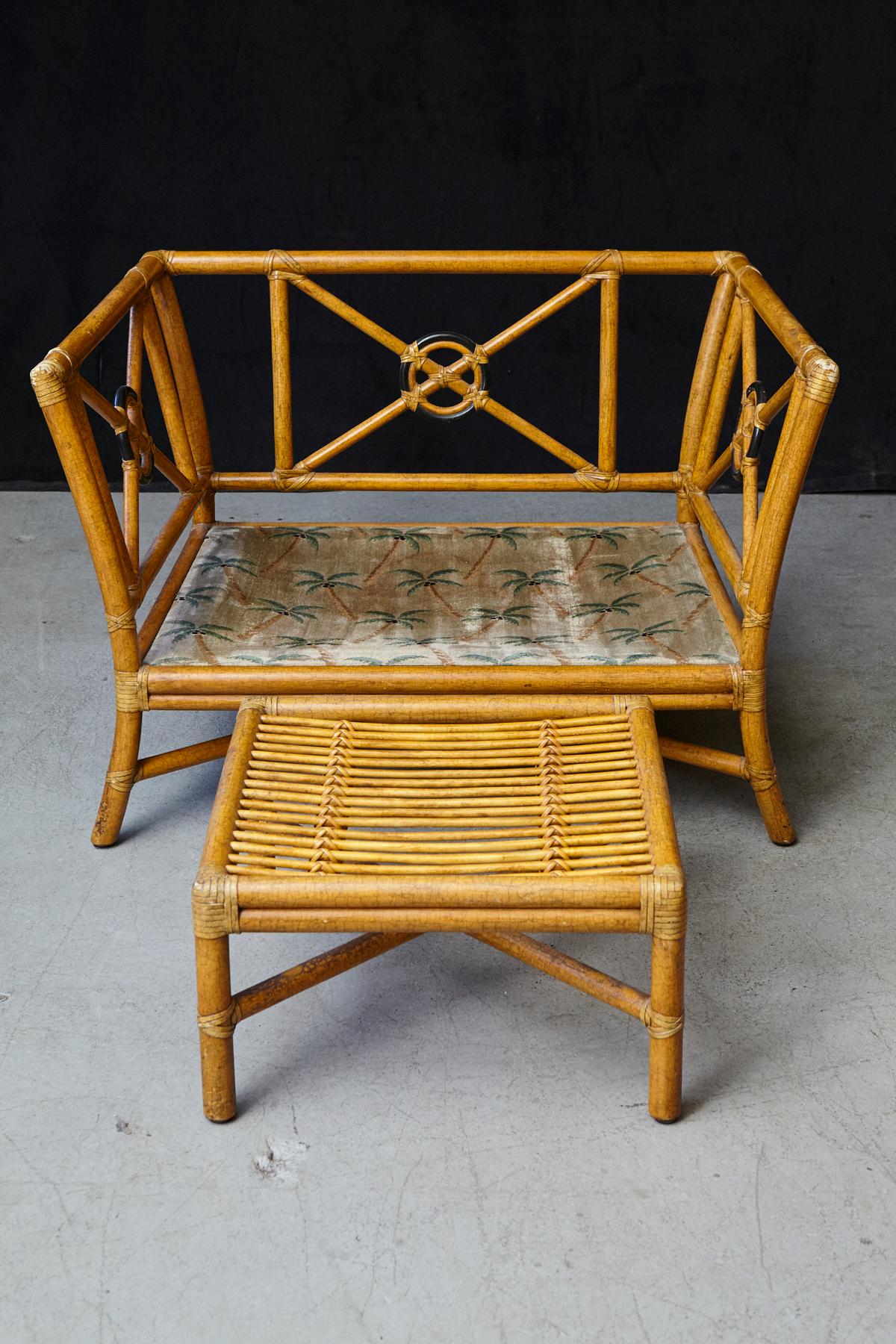 Leather Pair of McGuire Rattan Target One & a Half Lounge Chairs with Matching Ottomans