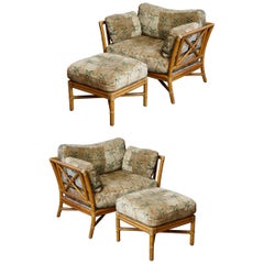 Pair of McGuire Rattan Target One & a Half Lounge Chairs with Matching Ottomans