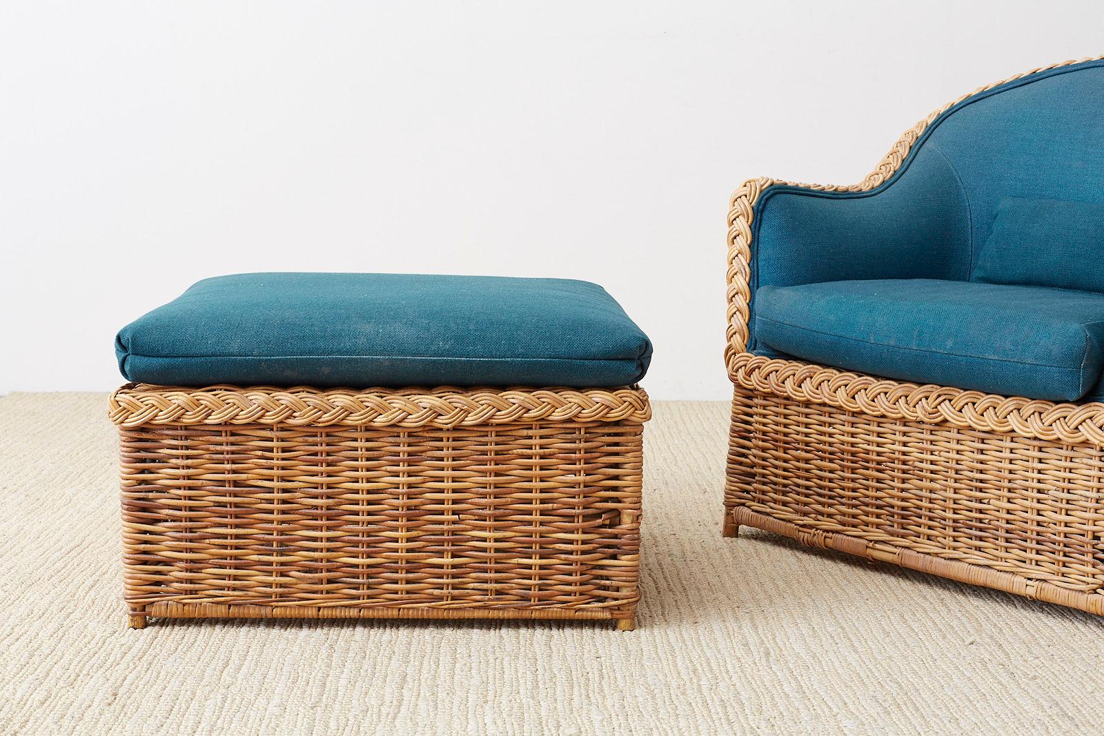 Pair of McGuire Rattan Wicker Lounge Chairs and Ottoman 2