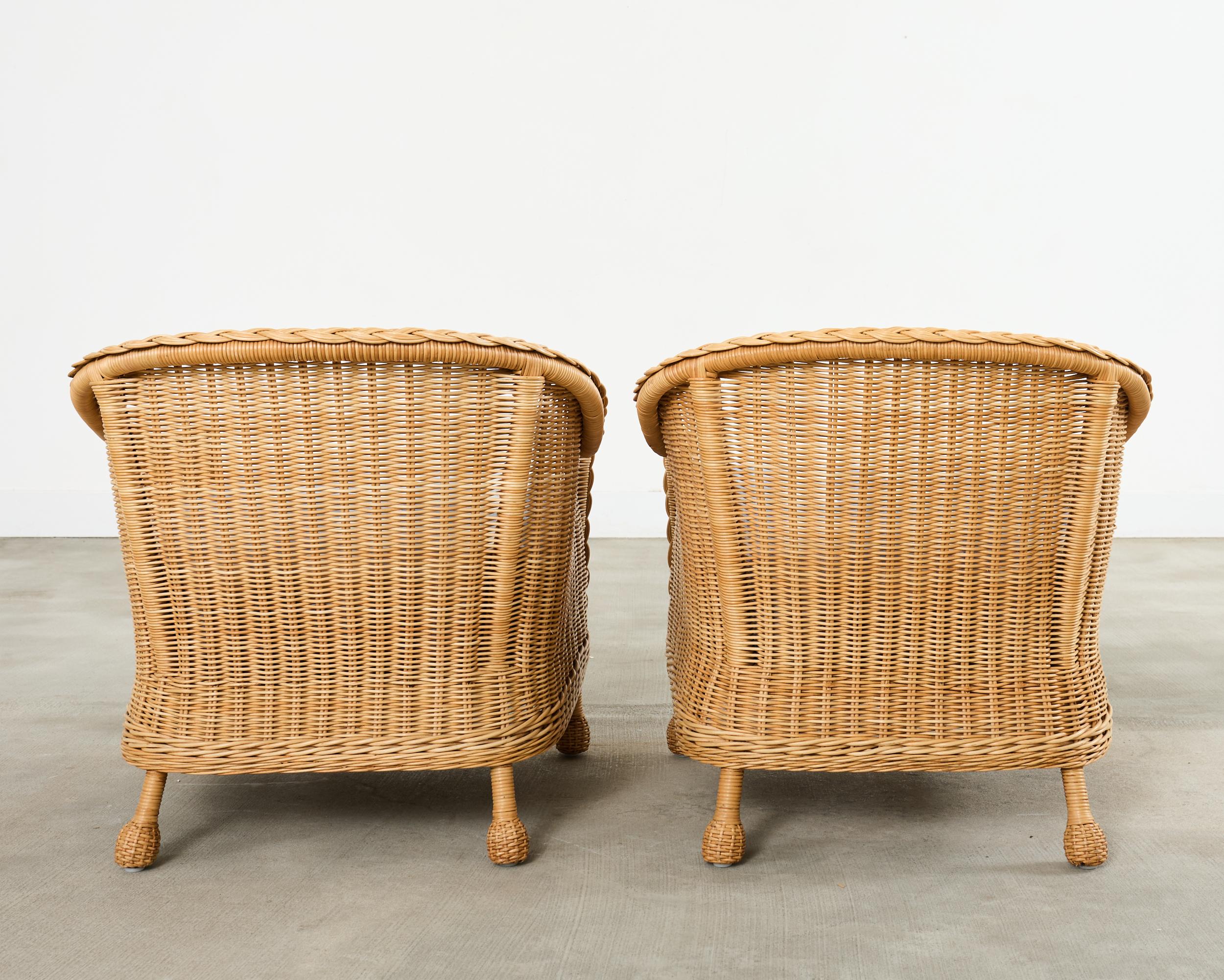 Pair of McGuire Rattan Wicker Lounge Chairs and Ottoman For Sale 3